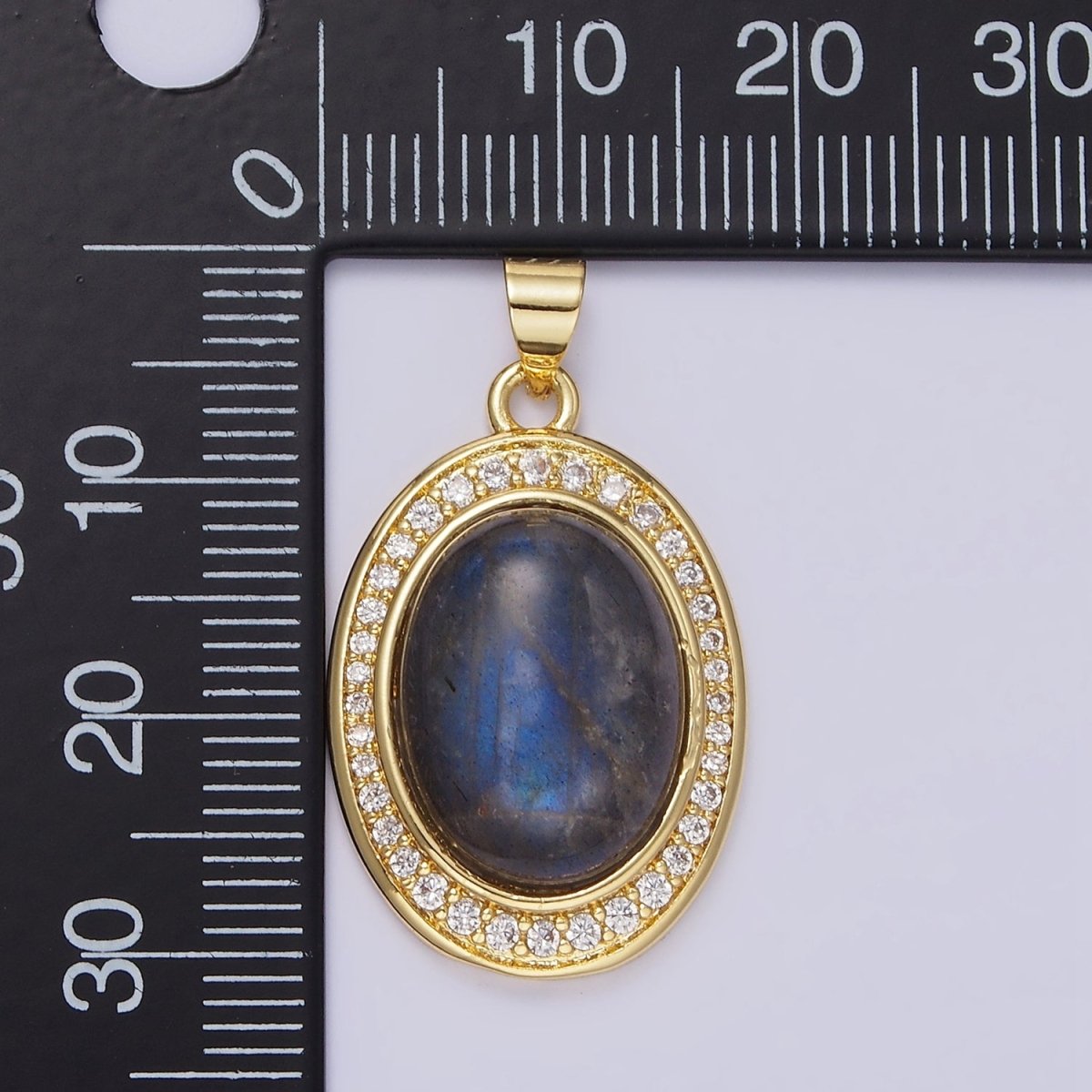 14K Gold Filled Labradorite Cabochon Clear Micro Paved CZ Oval Pendant | AA681 - DLUXCA