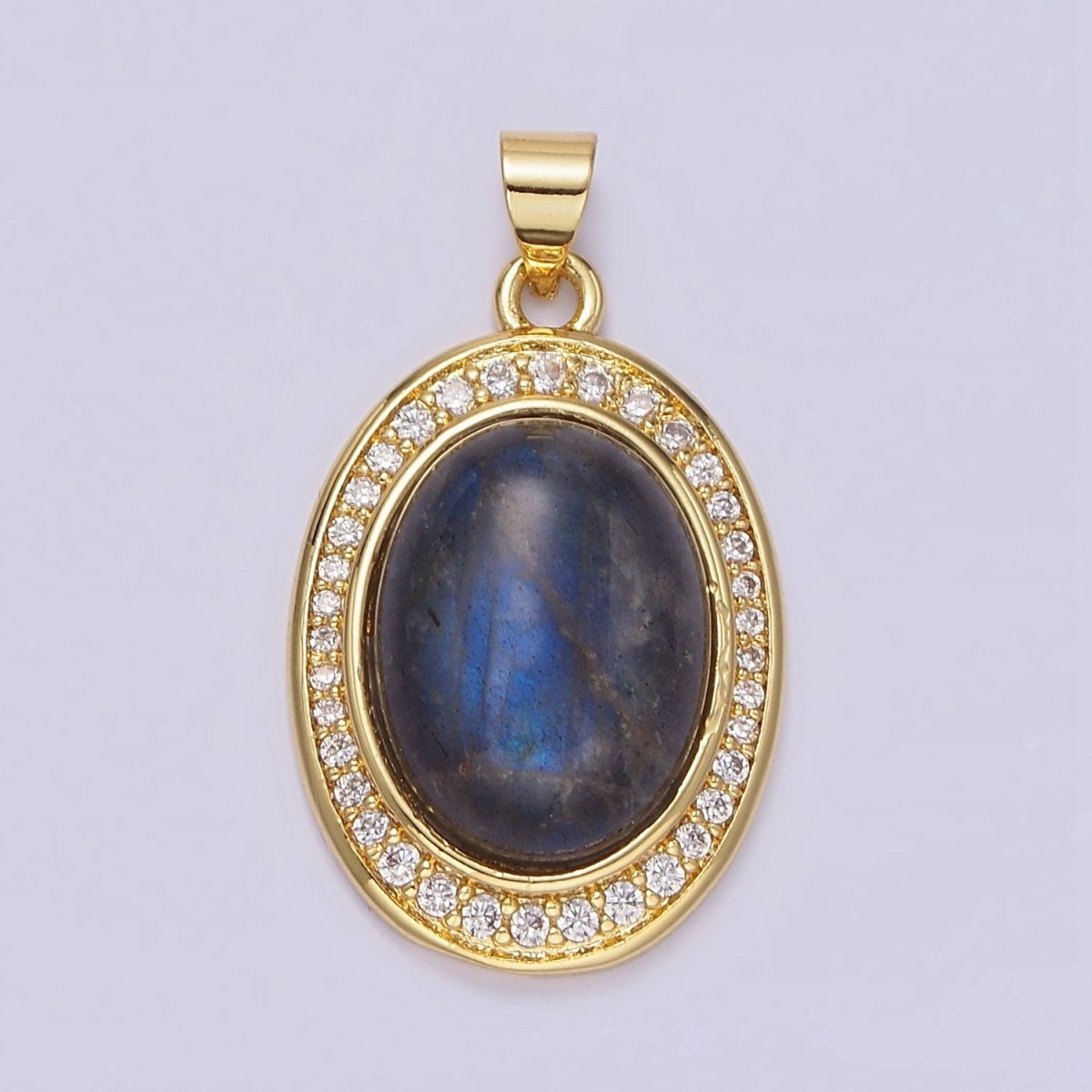 14K Gold Filled Labradorite Cabochon Clear Micro Paved CZ Oval Pendant | AA681 - DLUXCA