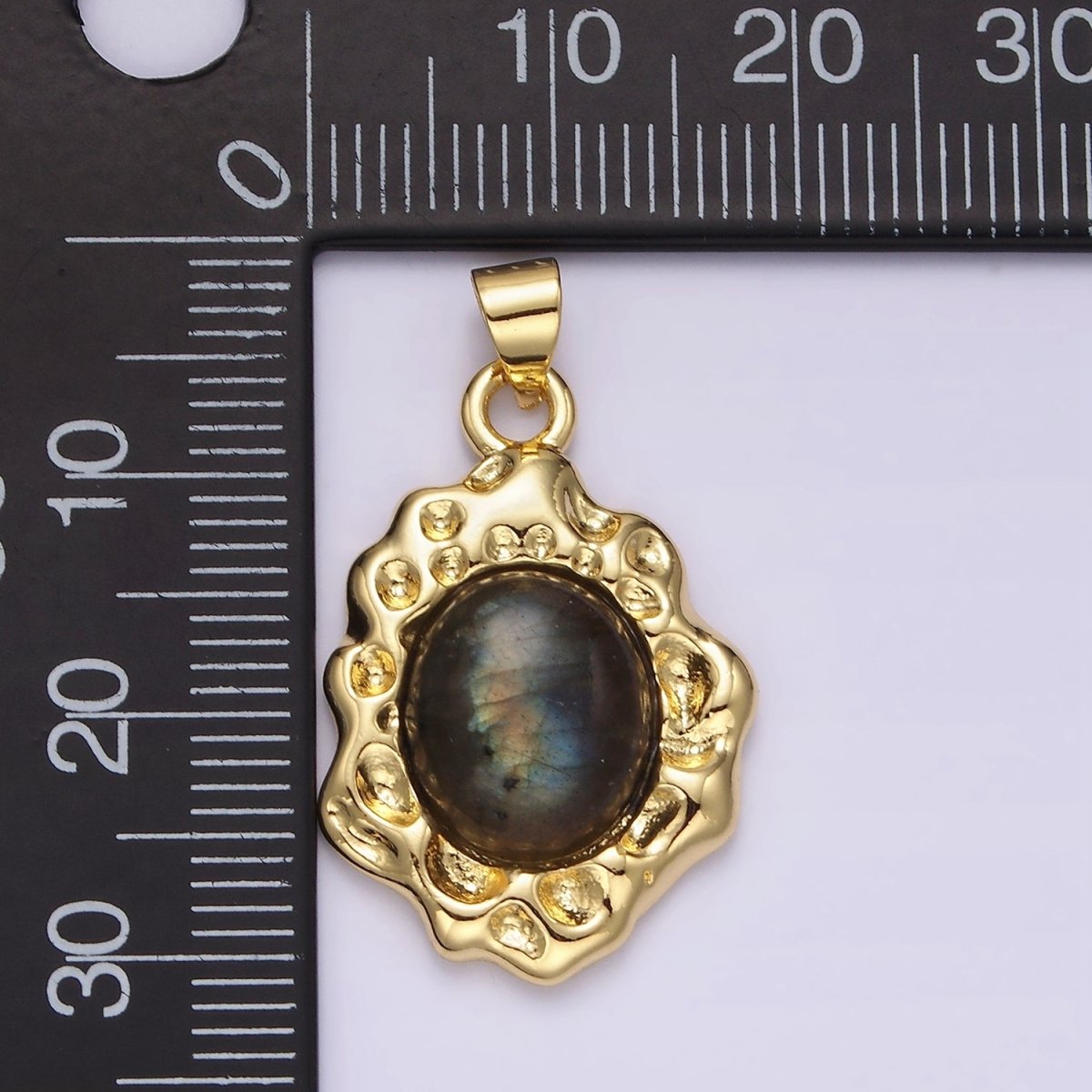 14K Gold Filled Labradorite Cabochon Dotted Abstract Pendant | N1913 - DLUXCA