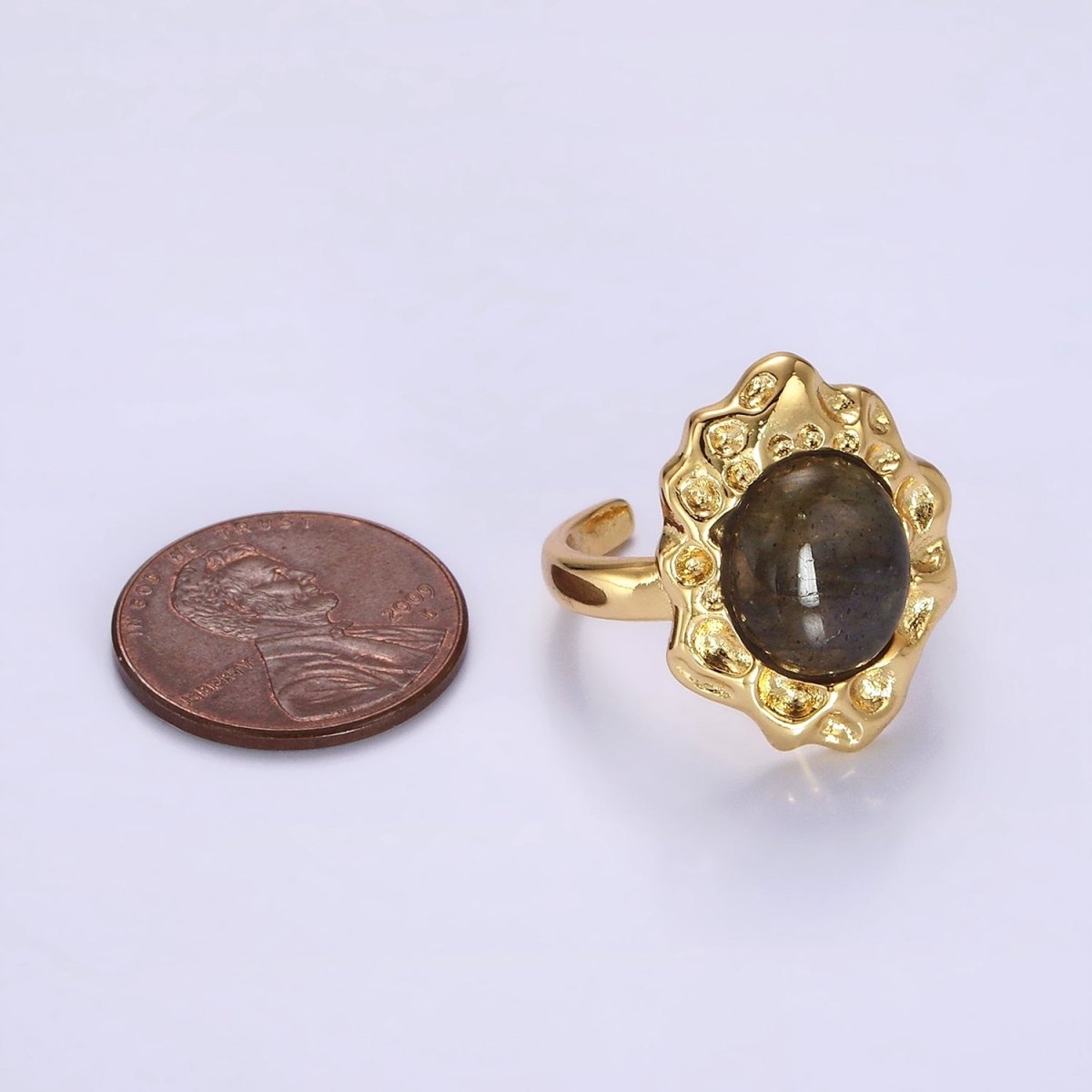 14K Gold Filled Labradorite Cabochon Dotted Abstract Ring | O1082 - DLUXCA