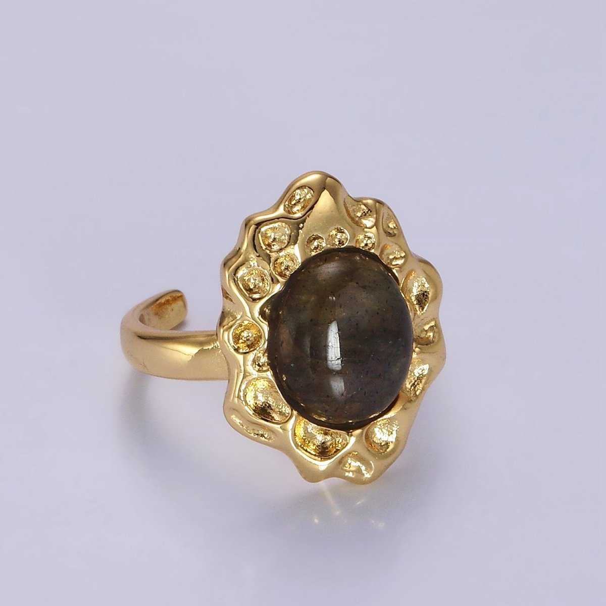 14K Gold Filled Labradorite Cabochon Dotted Abstract Ring | O1082 - DLUXCA