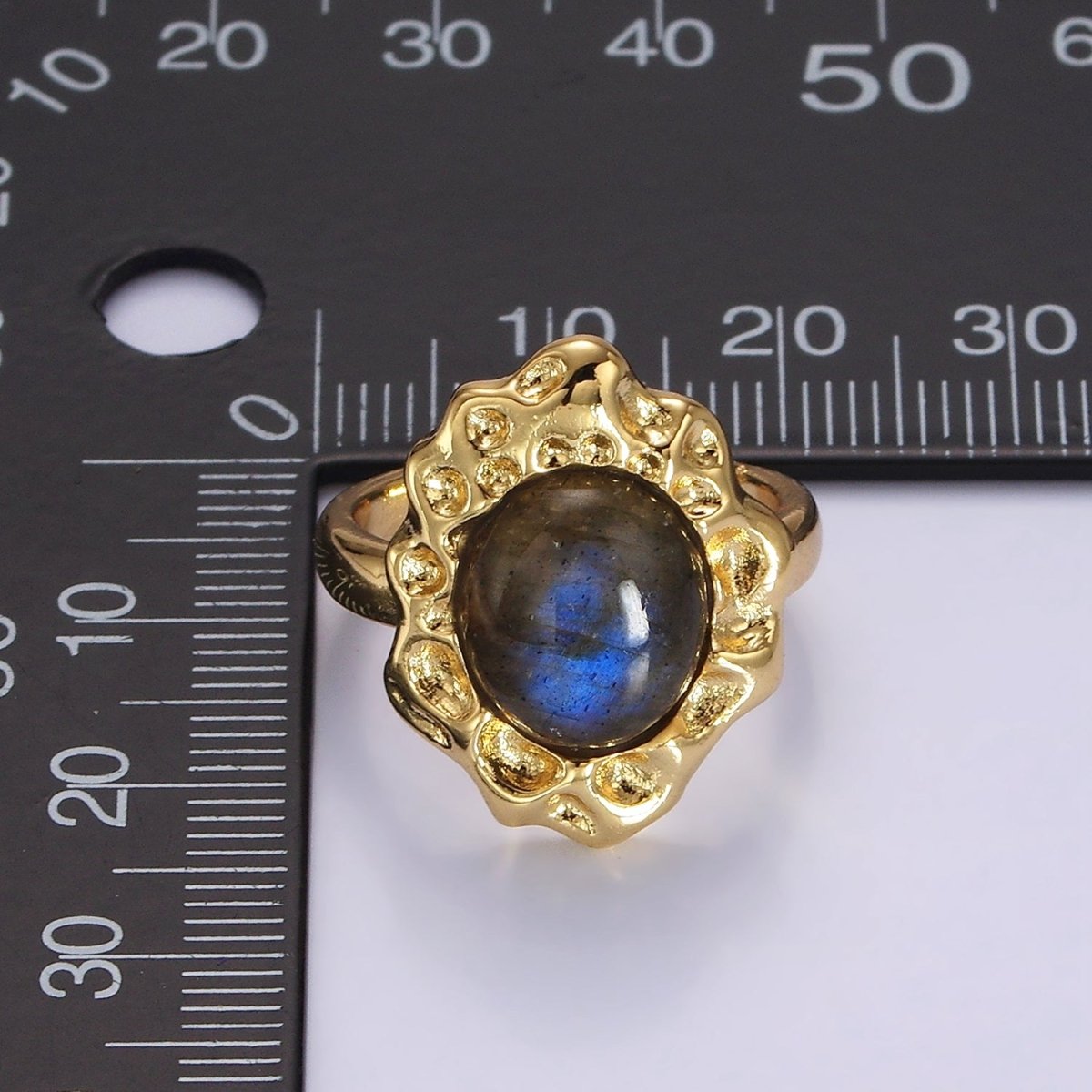 14K Gold Filled Labradorite Cabochon Dotted Abstract Ring | O1082 - DLUXCA