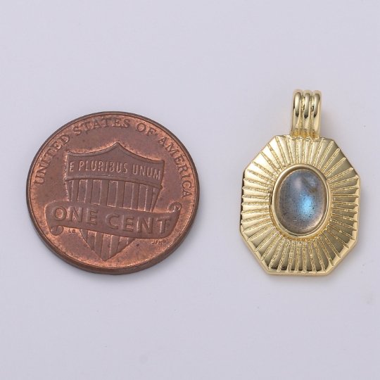 14k Gold Filled Labradorite Charm Octagon Sunburst Medallion H-290 - DLUXCA