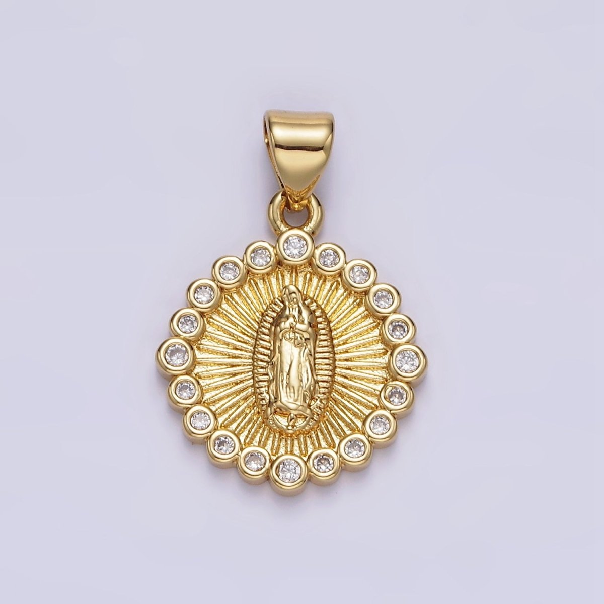 14K Gold Filled Lady Guadalupe Mother Mary Sunburst Round CZ Outline Pendant | AA607 - DLUXCA