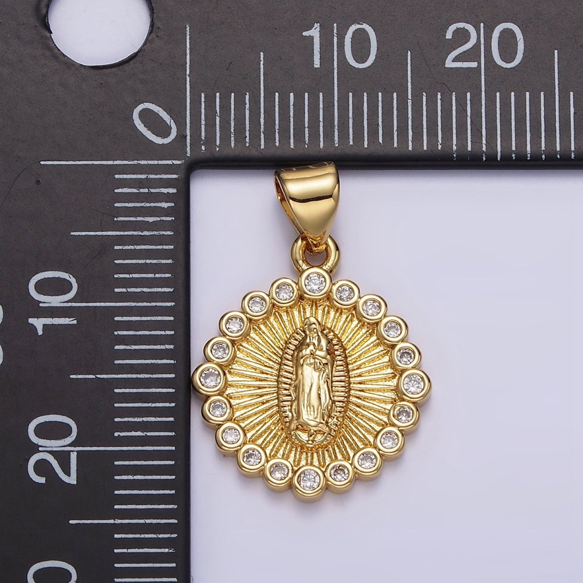 14K Gold Filled Lady Guadalupe Mother Mary Sunburst Round CZ Outline Pendant | AA607 - DLUXCA