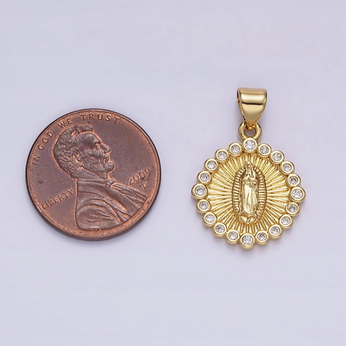 14K Gold Filled Lady Guadalupe Mother Mary Sunburst Round CZ Outline Pendant | AA607 - DLUXCA