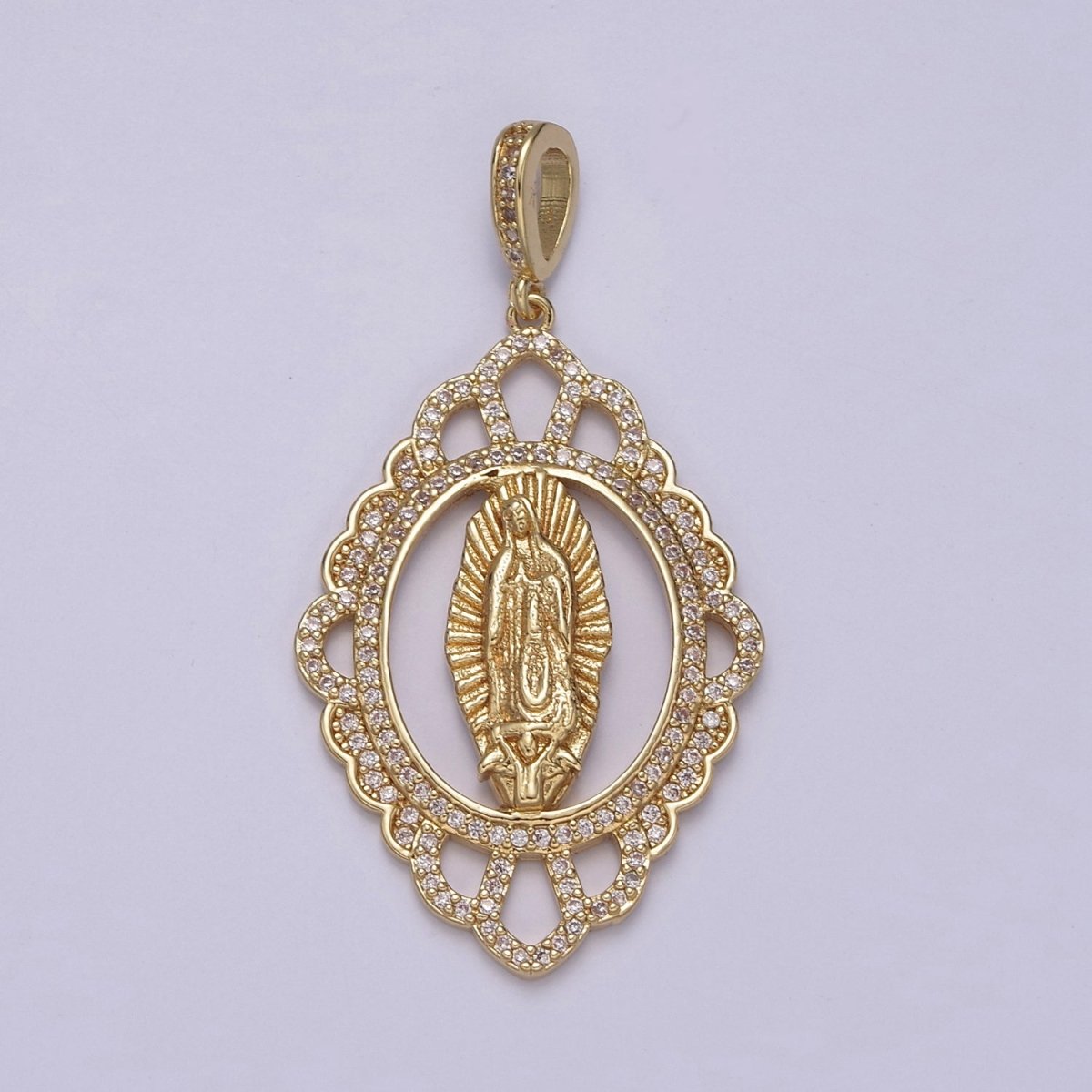 14k Gold Filled Lady Guadalupe Pendant Medallion Cubic Zirconia Charm for Statement Catholic Religious Jewelry Making N-572 - DLUXCA