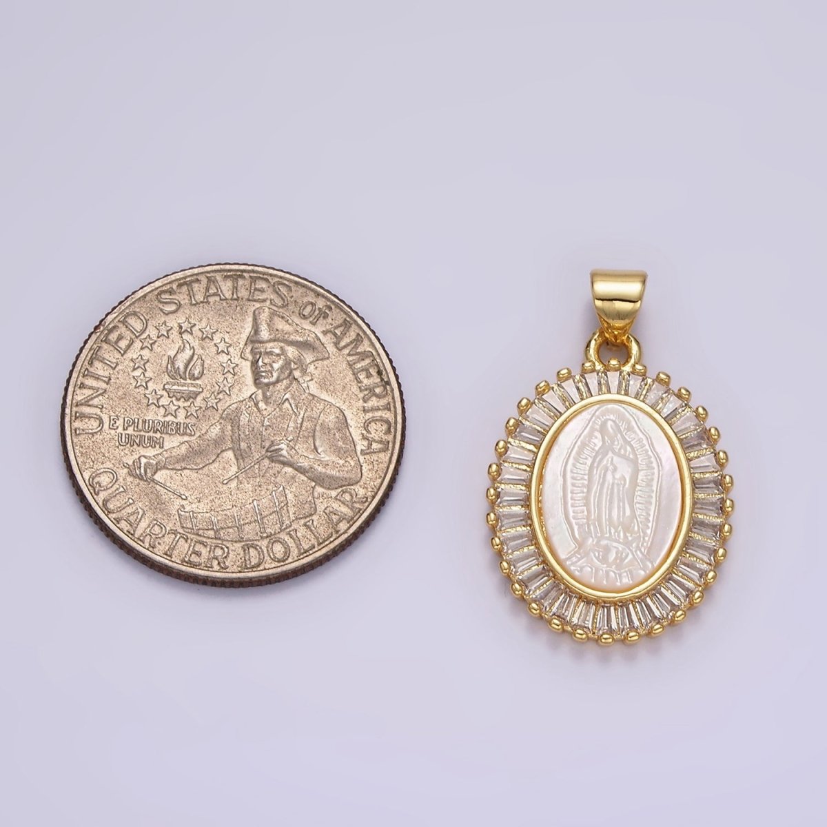 14K Gold Filled Lady Guadalupe Shell Pearl Baguette Outlined Oval Religious Pendant | N1912 - DLUXCA