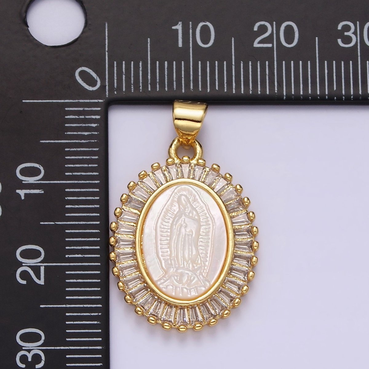 14K Gold Filled Lady Guadalupe Shell Pearl Baguette Outlined Oval Religious Pendant | N1912 - DLUXCA