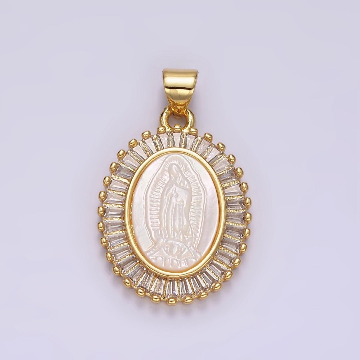 14K Gold Filled Lady Guadalupe Shell Pearl Baguette Outlined Oval Religious Pendant | N1912 - DLUXCA