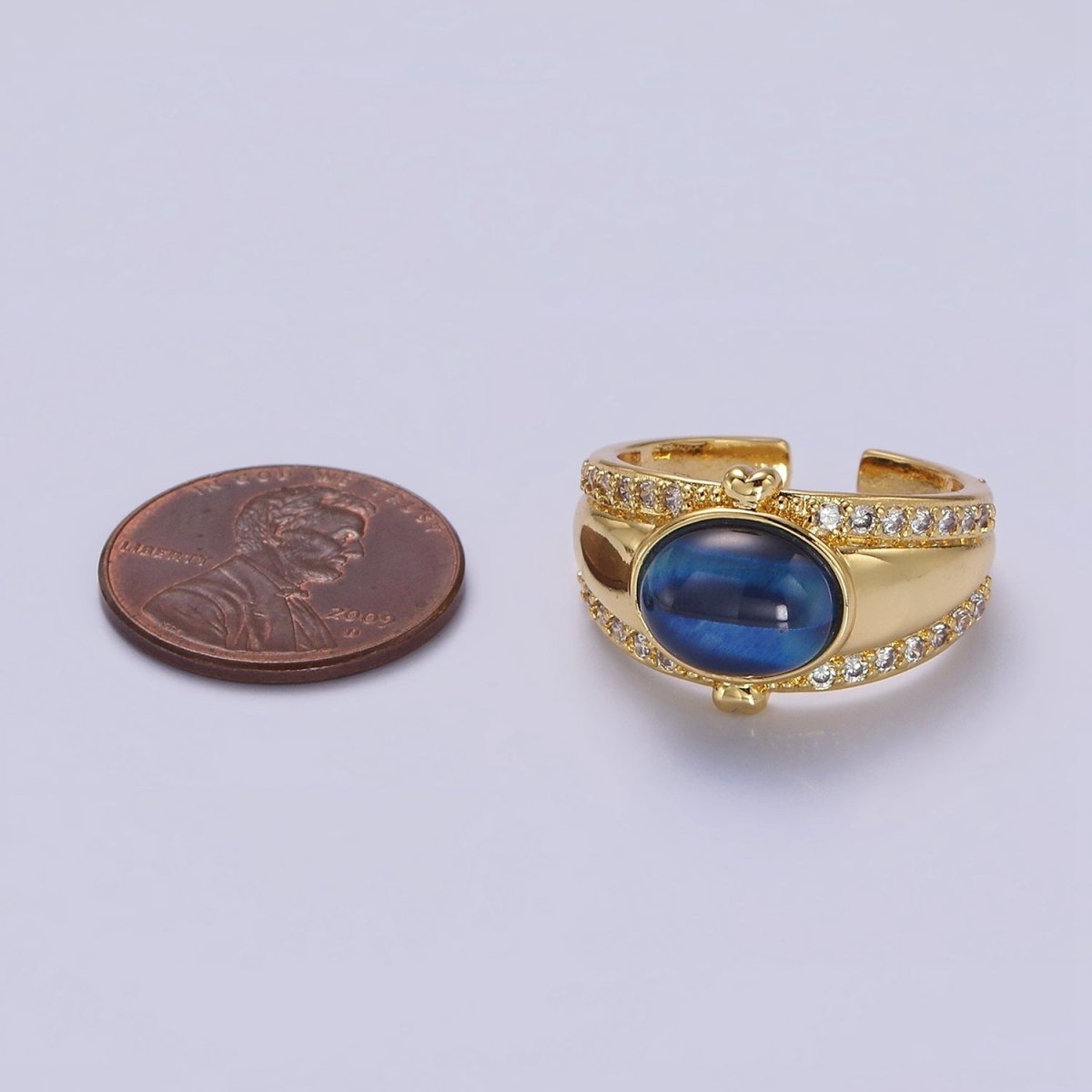 14K Gold Filled Lapis Lazuli Oval Double Heart Micro Paved CZ Signet Ring | O-591 - DLUXCA