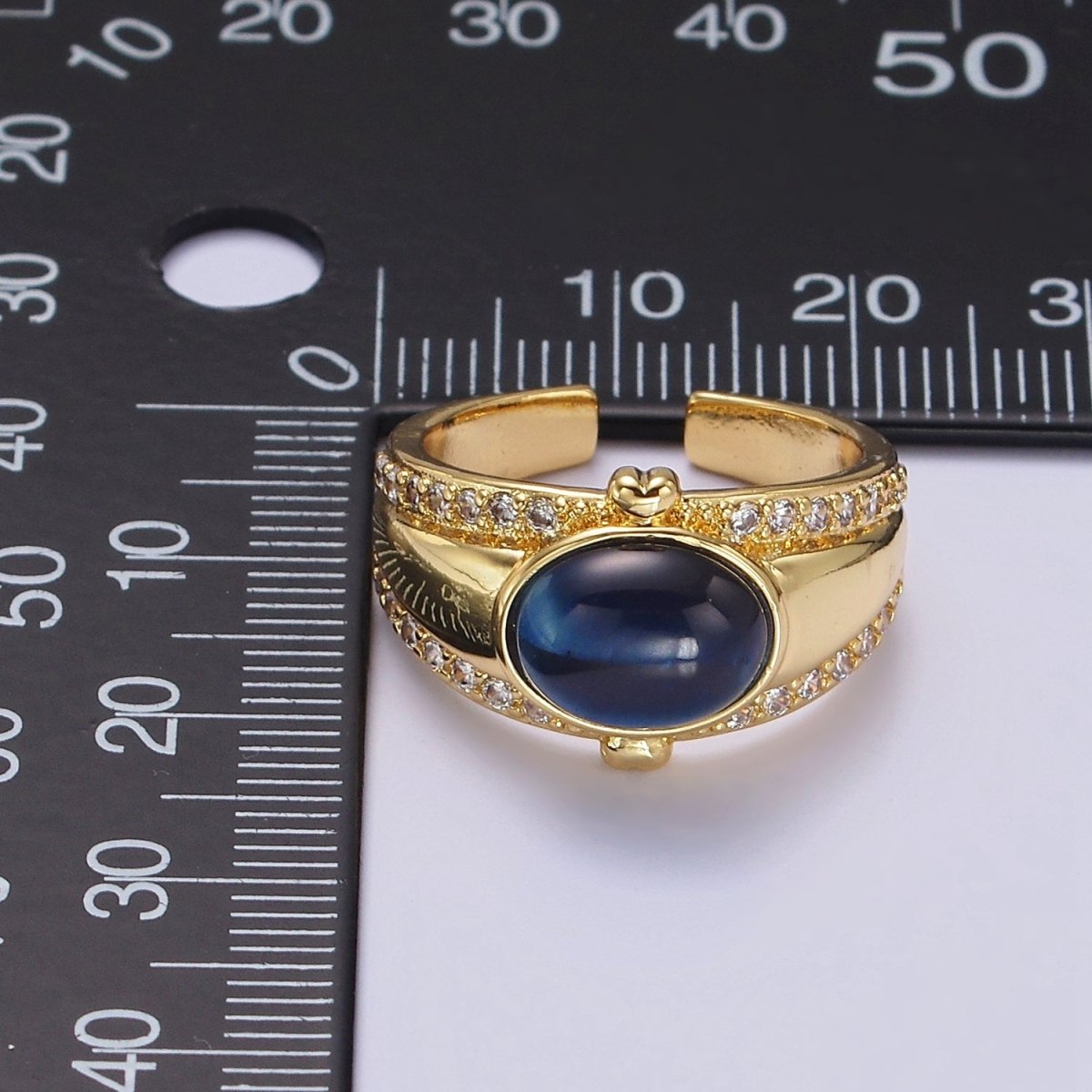 14K Gold Filled Lapis Lazuli Oval Double Heart Micro Paved CZ Signet Ring | O-591 - DLUXCA