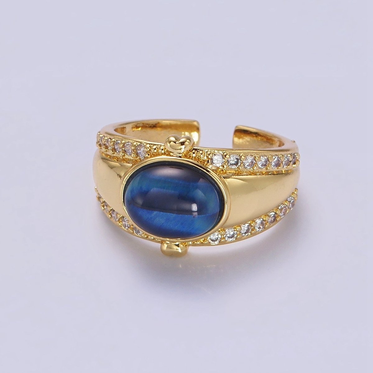 14K Gold Filled Lapis Lazuli Oval Double Heart Micro Paved CZ Signet Ring | O-591 - DLUXCA