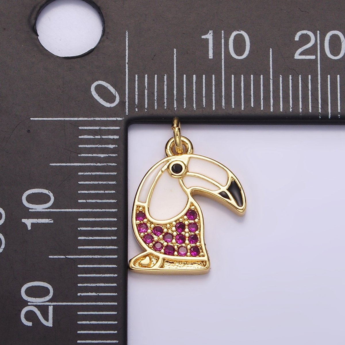 14K Gold Filled Long-Beak Hummingbird Animal Fuchsia Micro Paved CZ Black & White Enamel Charm | N1518 - DLUXCA