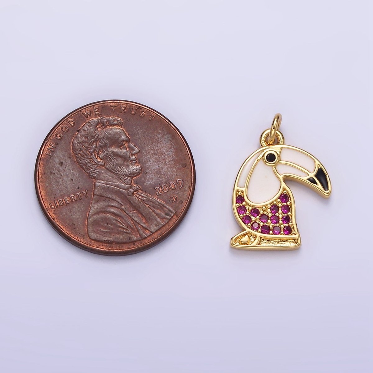 14K Gold Filled Long-Beak Hummingbird Animal Fuchsia Micro Paved CZ Black & White Enamel Charm | N1518 - DLUXCA