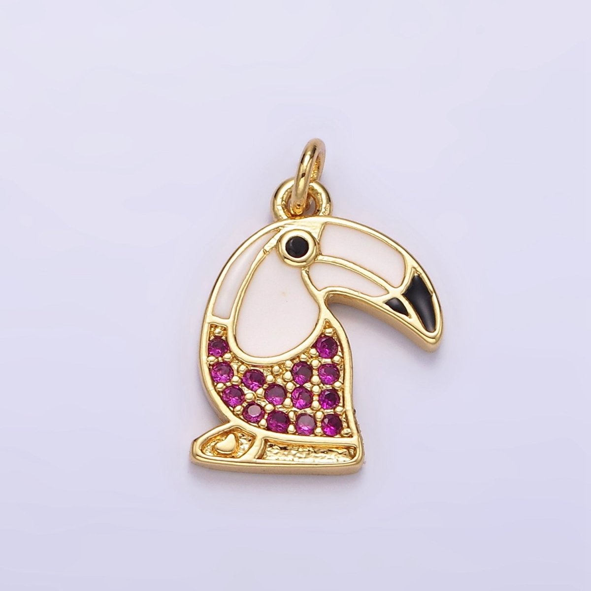 14K Gold Filled Long-Beak Hummingbird Animal Fuchsia Micro Paved CZ Black & White Enamel Charm | N1518 - DLUXCA