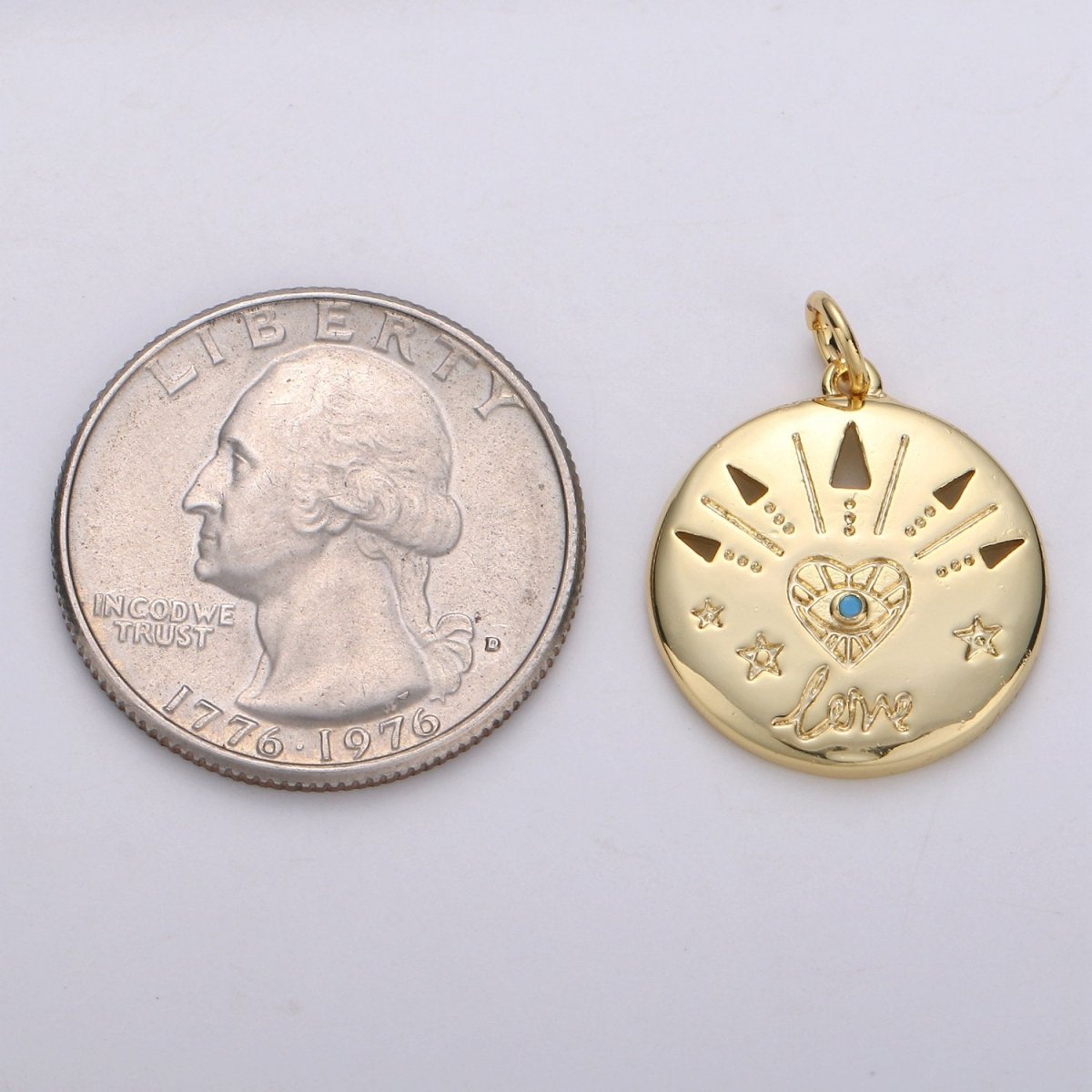 14k Gold FIlled Love Charm - Love medallion - Coin Disc charm - Blue Evil Eye pendant for Necklace Bracelet Earring Charm, D-679 - DLUXCA