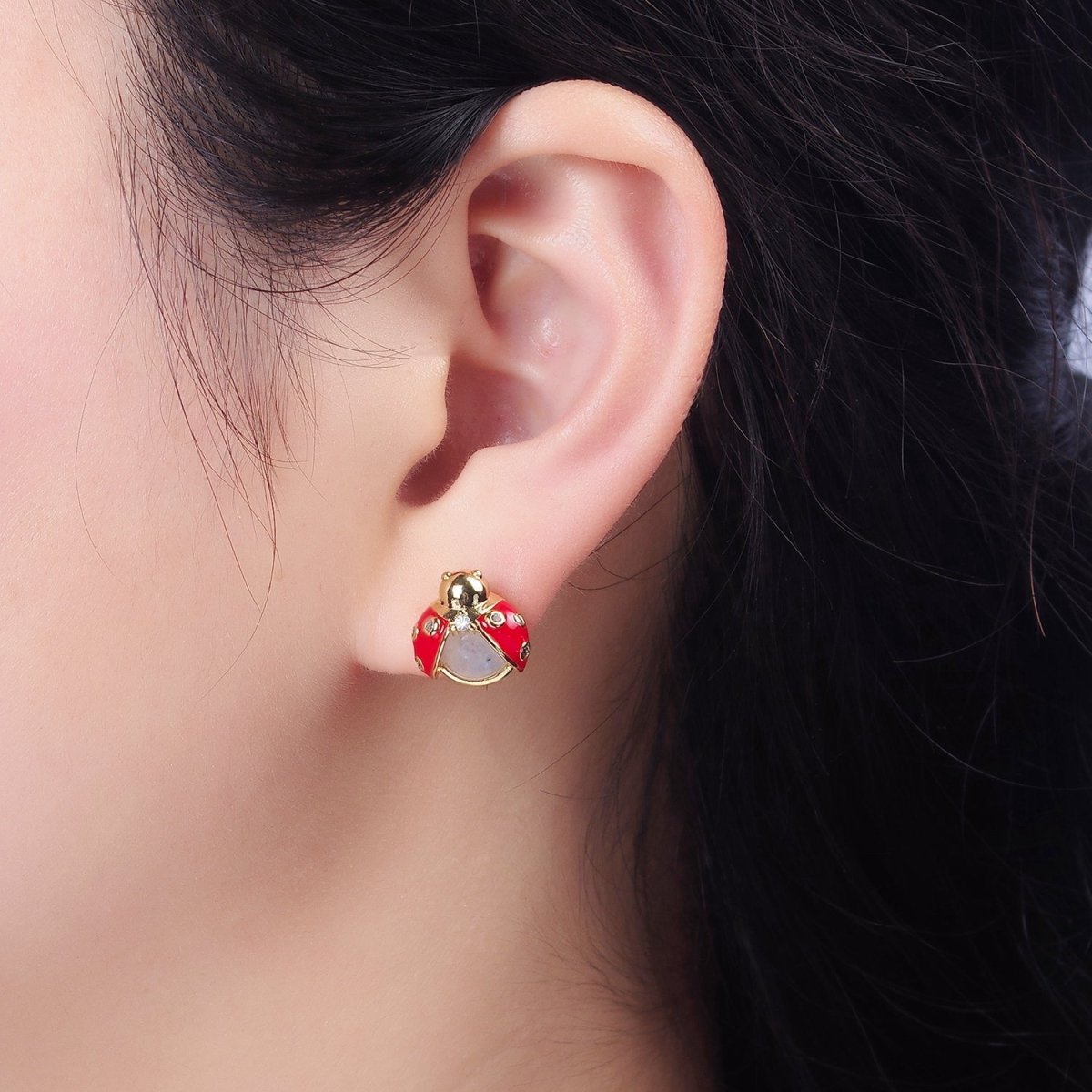14K Gold Filled Lucky Ladybug Moonstone Gemstone Red Enamel CZ Stud Earrings | Y-897 - DLUXCA
