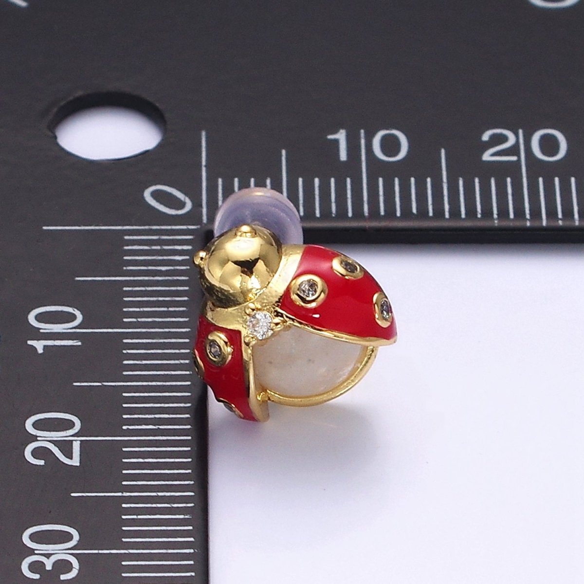 14K Gold Filled Lucky Ladybug Moonstone Gemstone Red Enamel CZ Stud Earrings | Y-897 - DLUXCA