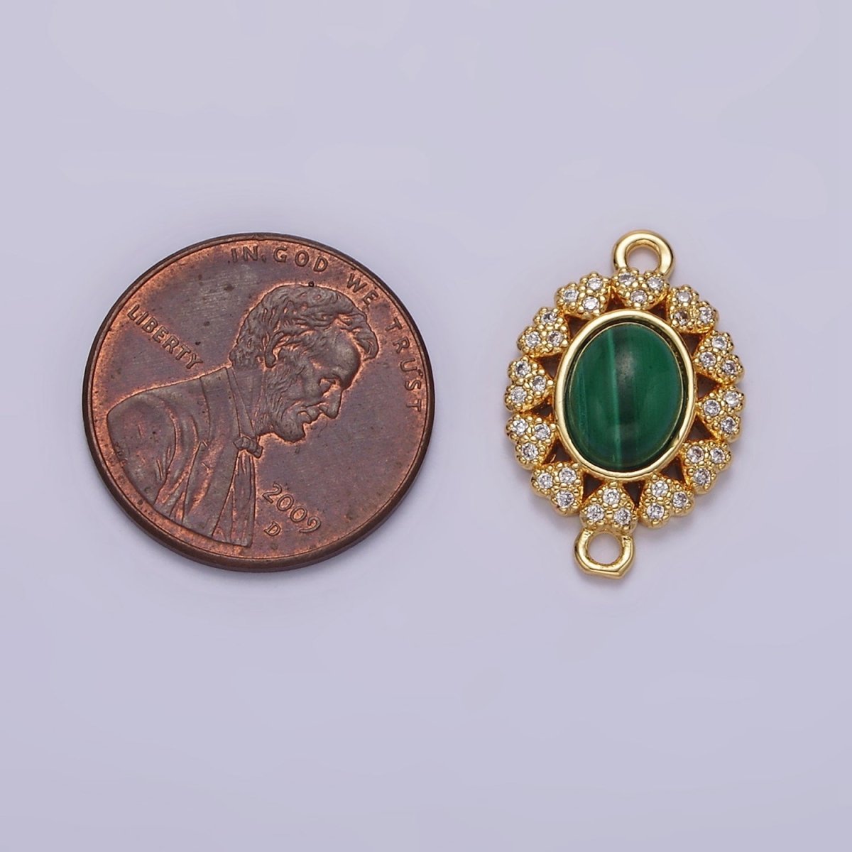 14K Gold Filled Malachite Cabochon Micro Paved CZ Heart Lined Oval Connector G-807 - DLUXCA