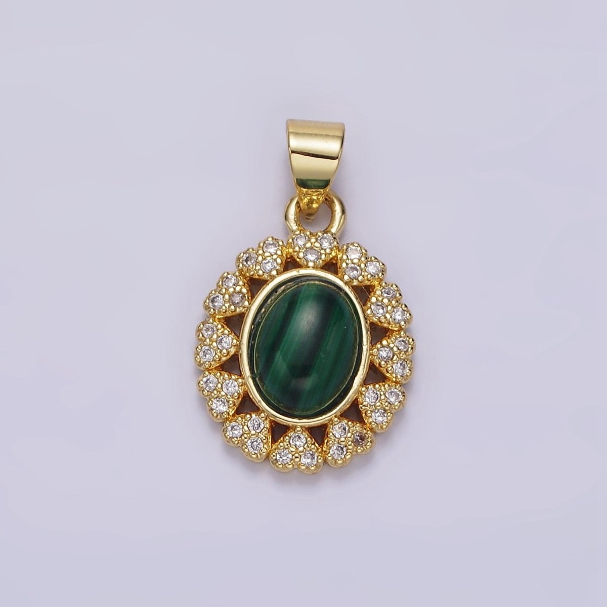 14K Gold Filled Malachite Cabochon Micro Paved CZ Heart Lined Oval Pendant | AA644 - DLUXCA