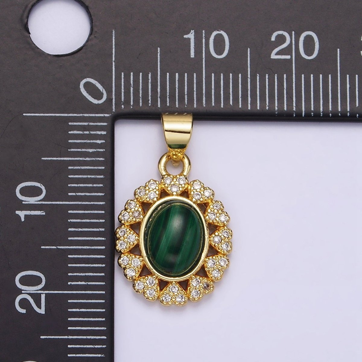 14K Gold Filled Malachite Cabochon Micro Paved CZ Heart Lined Oval Pendant | AA644 - DLUXCA