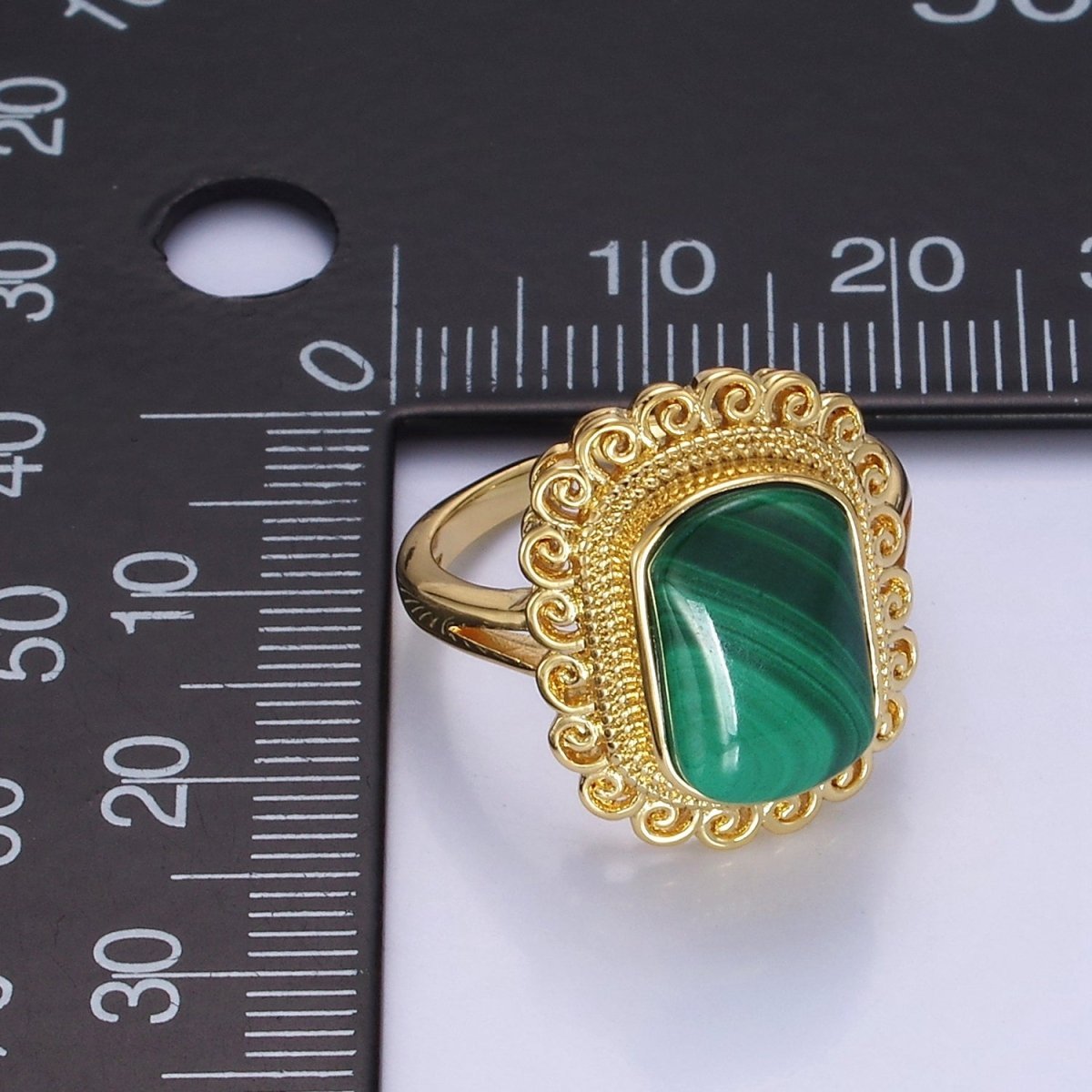 14K Gold Filled Malachite Gemstone Elaborate Artisan Ring | O1352 - DLUXCA