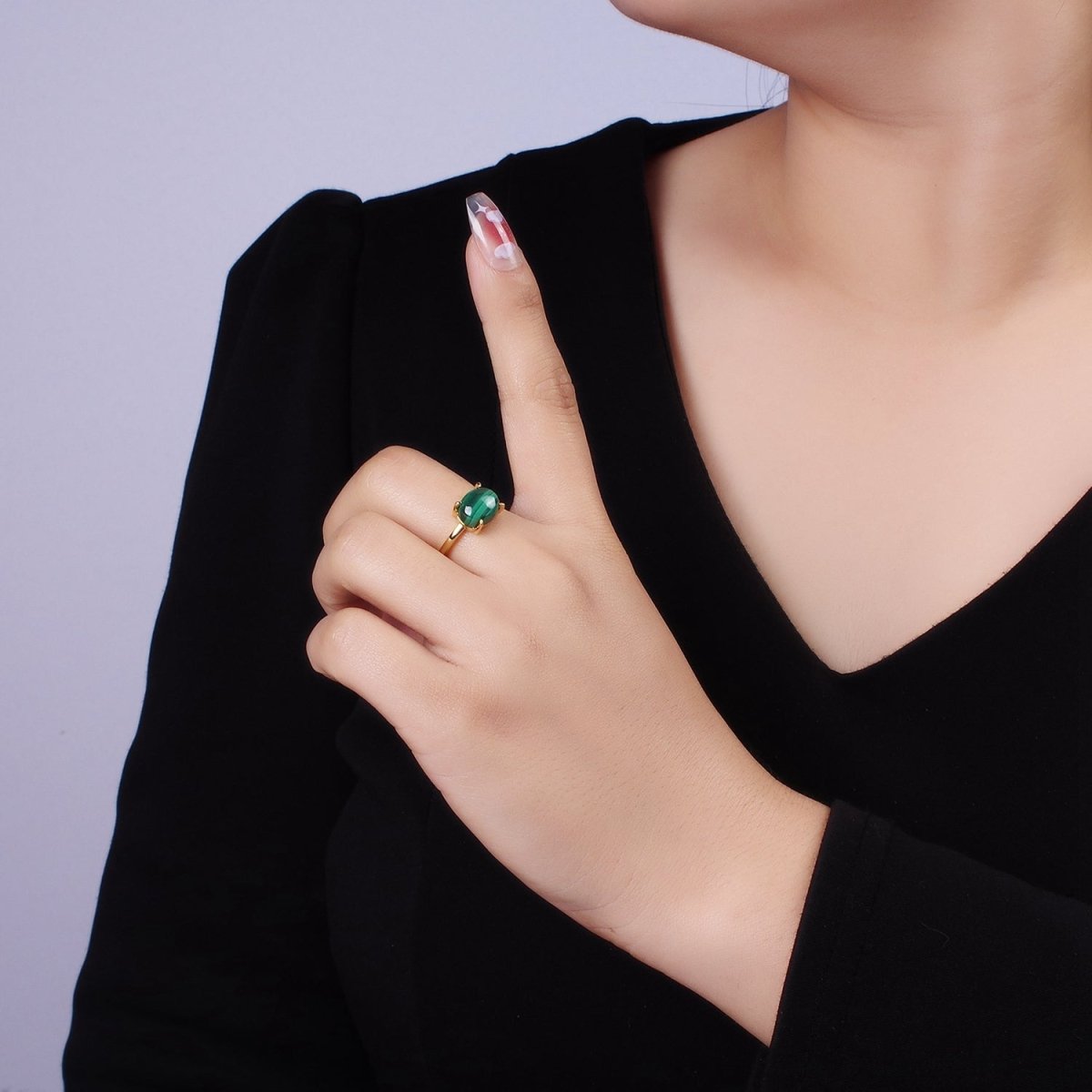 14K Gold Filled Malachite Gemstone Oval Solitaire Ring | O1347 - DLUXCA