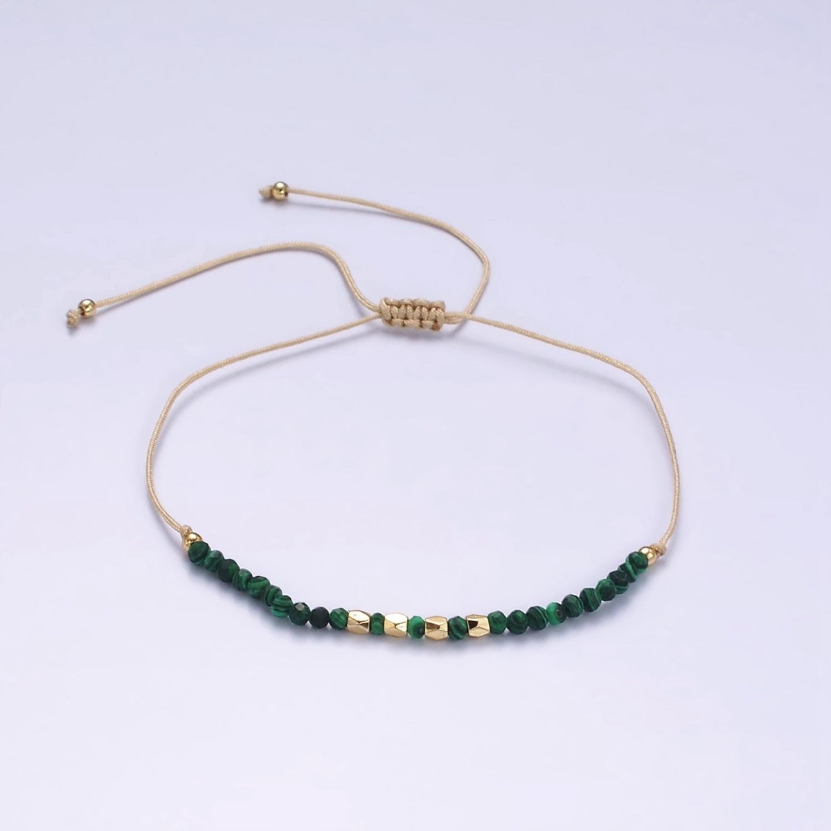 14K Gold Filled Malachite Multifaceted Taupe Beige Cotton String Slider Bracelet | WA-2190 - WA-2192 Clearance Pricing - DLUXCA