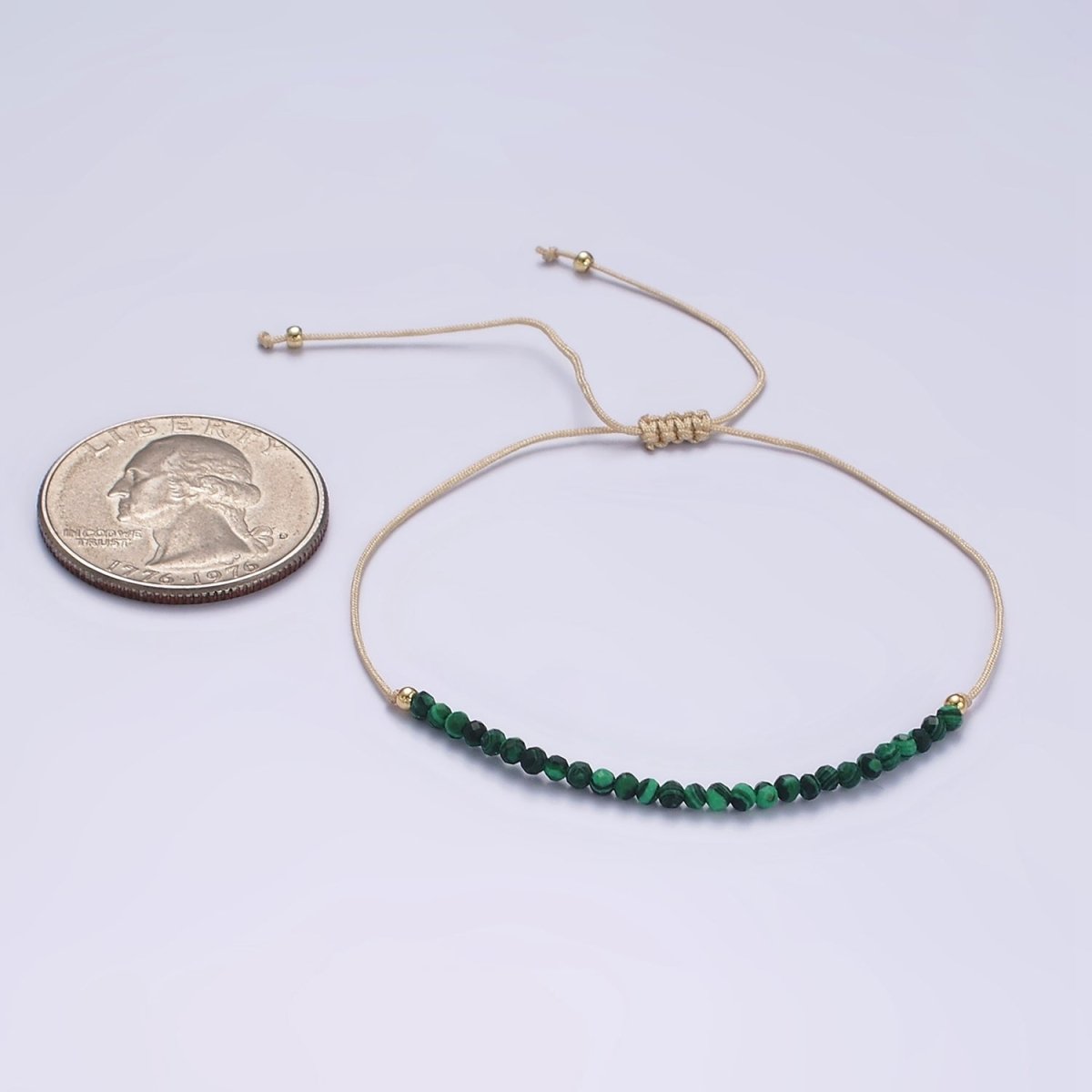 14K Gold Filled Malachite Multifaceted Taupe Beige Cotton String Slider Bracelet | WA-2190 - WA-2192 Clearance Pricing - DLUXCA