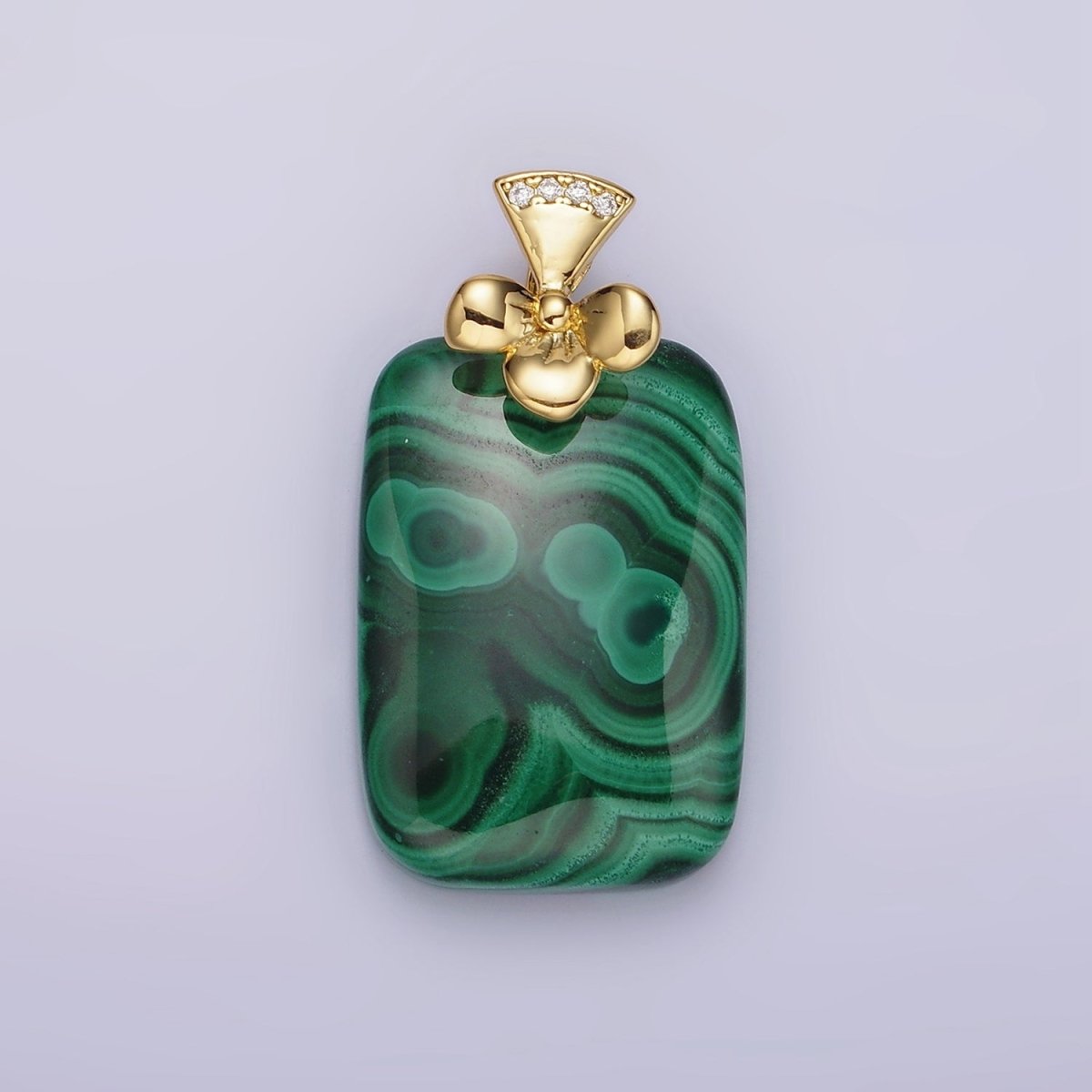 14K Gold Filled Malachite Rectangular Clear Micro Paved CZ Bow Bail Pendant | N1300 - DLUXCA