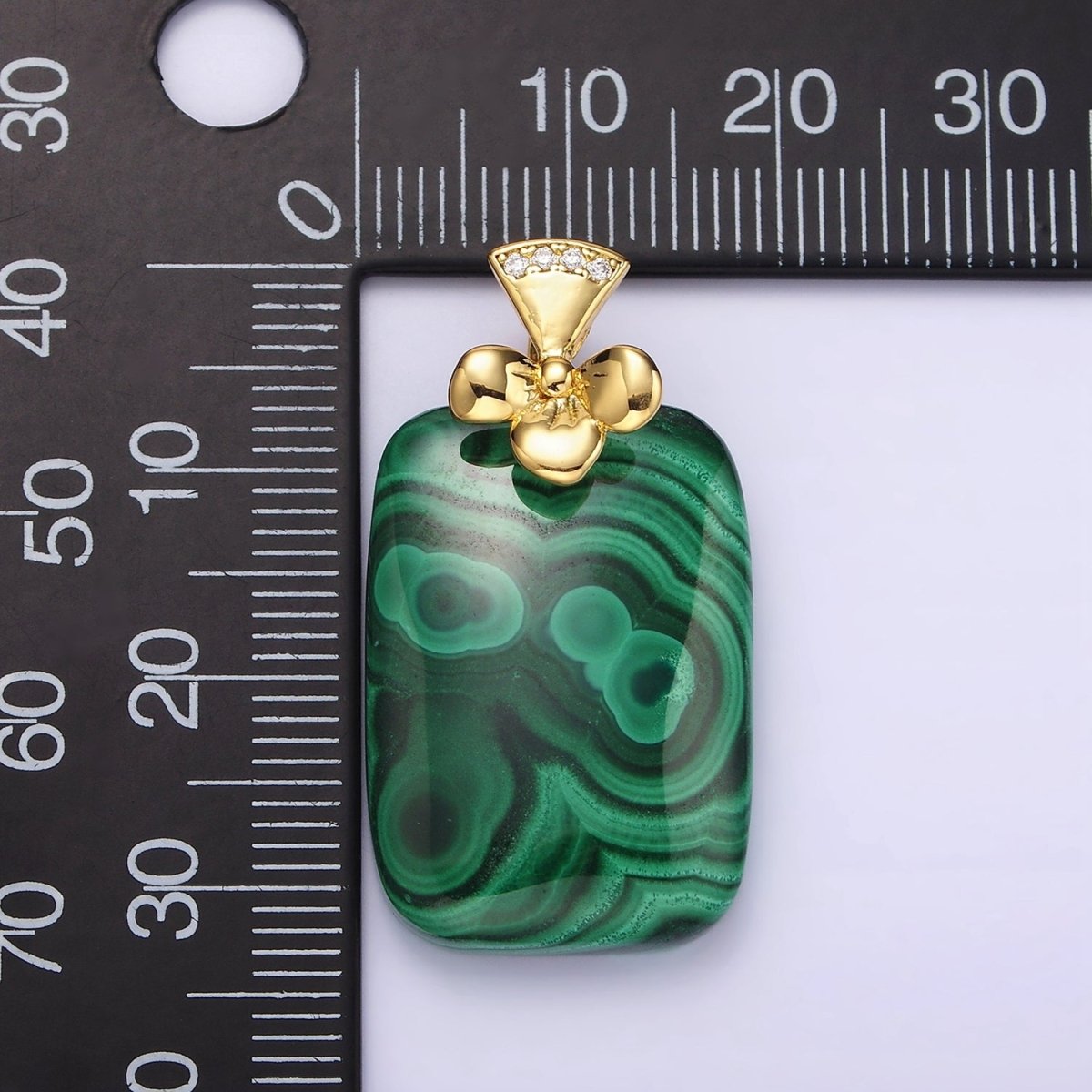 14K Gold Filled Malachite Rectangular Clear Micro Paved CZ Bow Bail Pendant | N1300 - DLUXCA