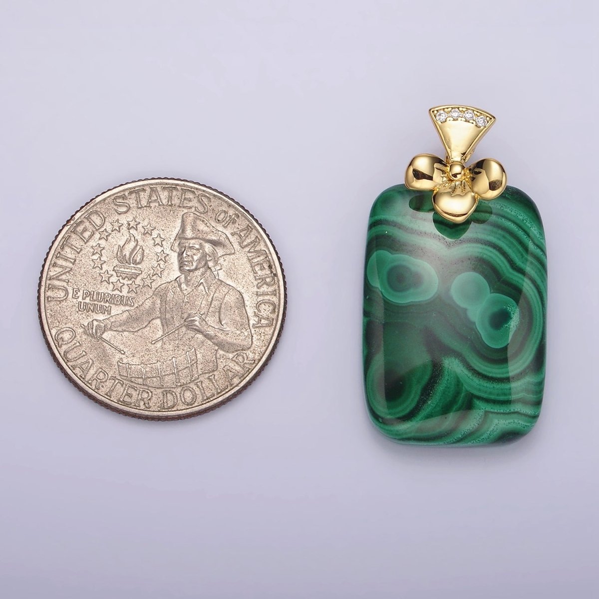 14K Gold Filled Malachite Rectangular Clear Micro Paved CZ Bow Bail Pendant | N1300 - DLUXCA