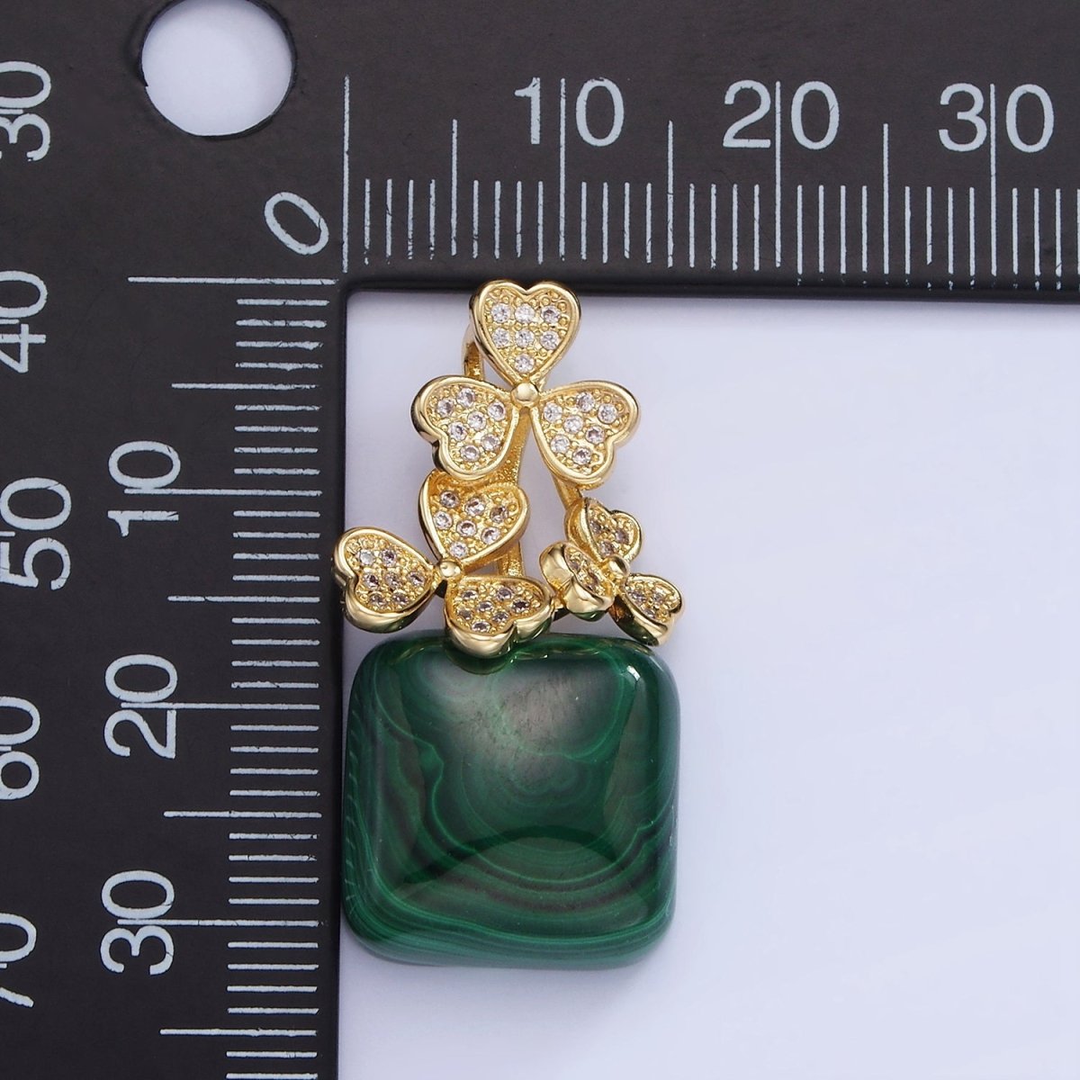 14K Gold Filled Malachite Square Micro Paved CZ Clover Bail Pendant | AA1198 - DLUXCA