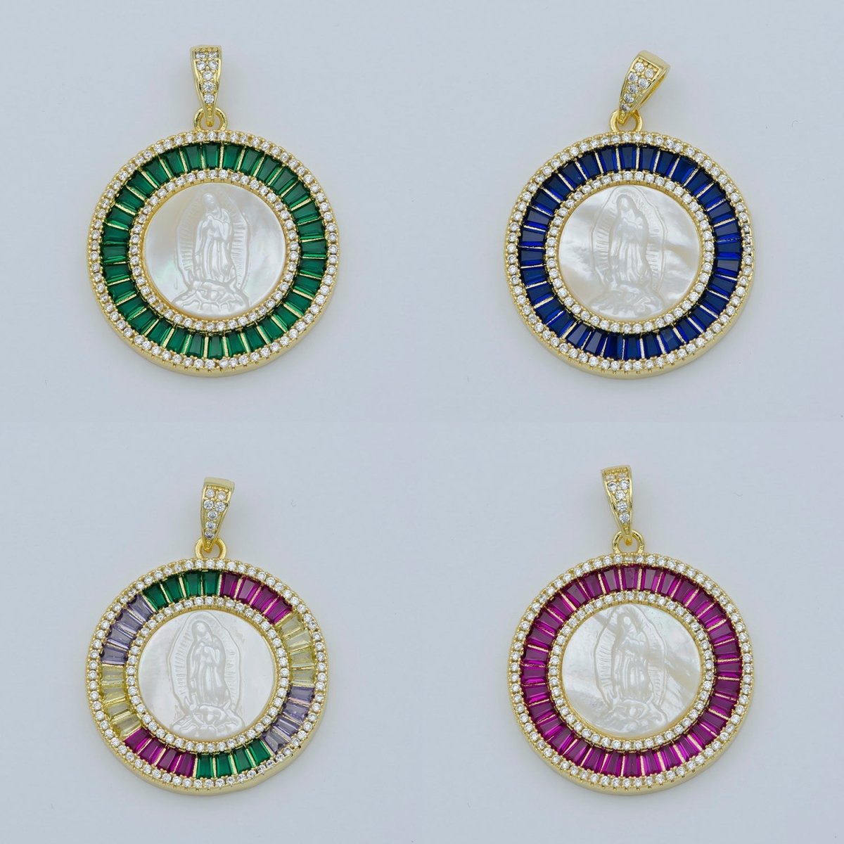 14K Gold Filled Mary Lady Guadalupe Fuchsia, Green, Multicolor Baguette Round Pendant | I105 - I108 - DLUXCA