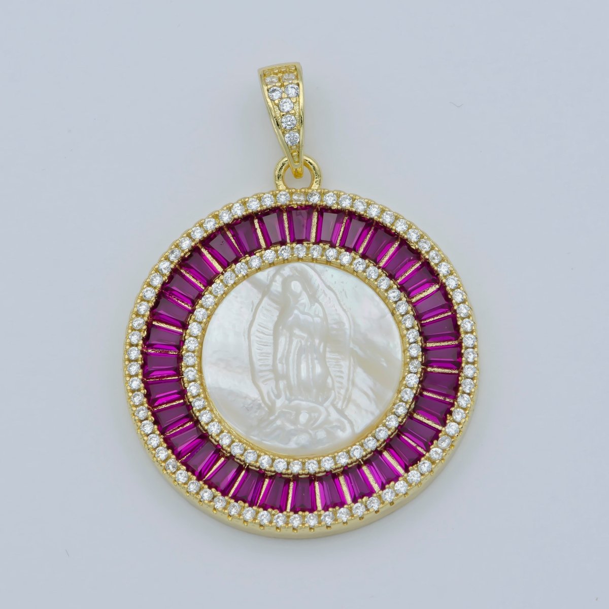 14K Gold Filled Mary Lady Guadalupe Fuchsia, Green, Multicolor Baguette Round Pendant | I105 - I108 - DLUXCA
