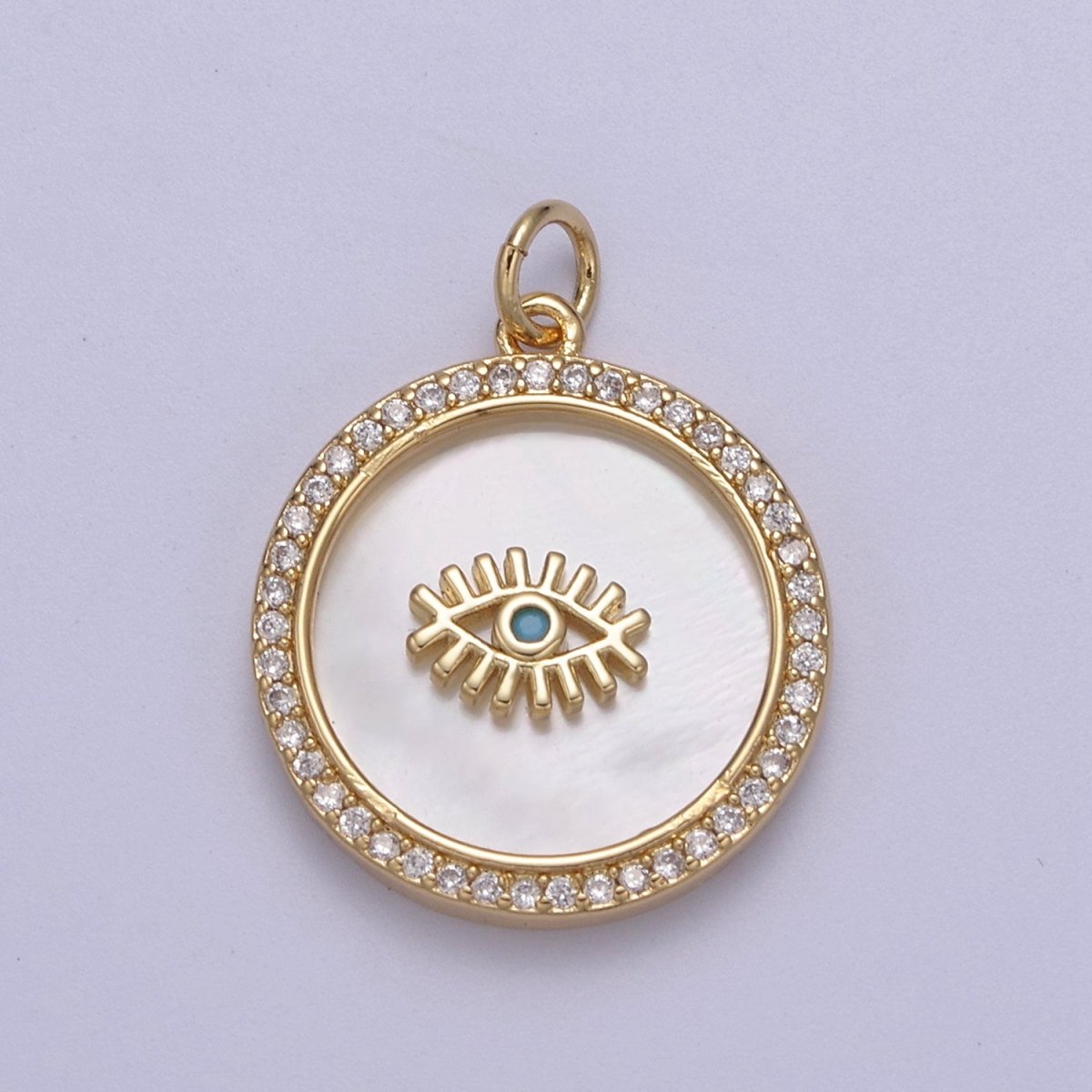 14K Gold Filled Medallion Charm Mother of Pearl, Micro Pave Evil eye Pendant For Minimalist Jewelry N-633 N-634 N-635 - DLUXCA