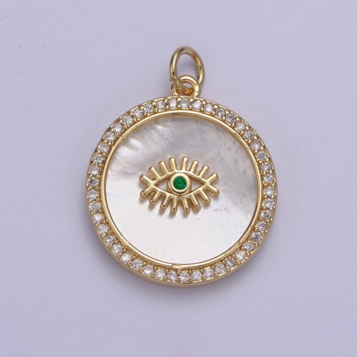 14K Gold Filled Medallion Charm Mother of Pearl, Micro Pave Evil eye Pendant For Minimalist Jewelry N-633 N-634 N-635 - DLUXCA