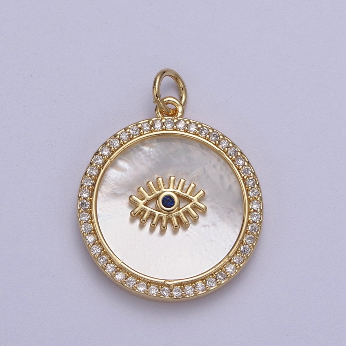 14K Gold Filled Medallion Charm Mother of Pearl, Micro Pave Evil eye Pendant For Minimalist Jewelry N-633 N-634 N-635 - DLUXCA