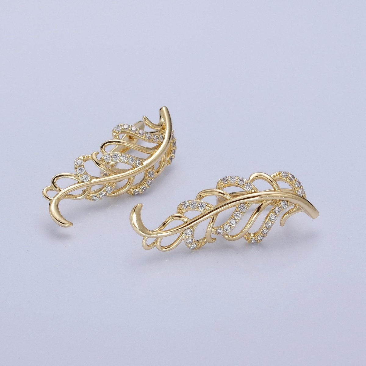 14K Gold Filled Micro Pave Clear CZ Nature Leaf English Lock Earrings P-315 - DLUXCA