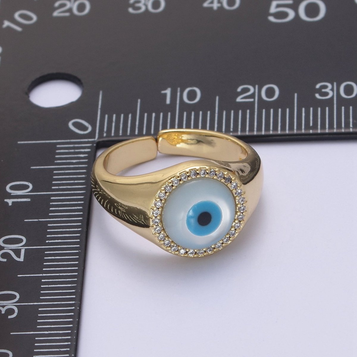 14K Gold Filled Micro Pave Evil Eye Blue Dome Ring Open Adjustable Ring U-474 - DLUXCA
