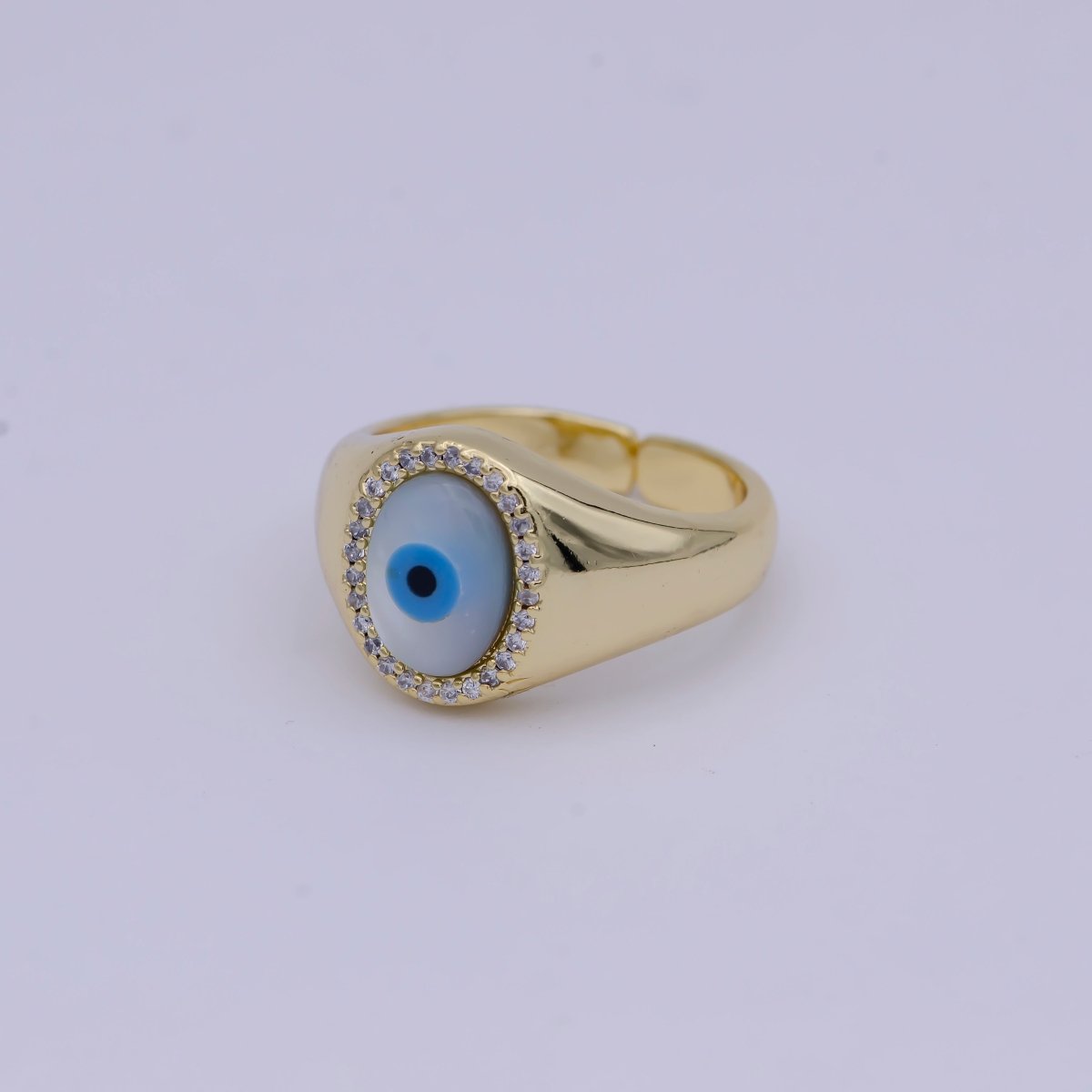 14K Gold Filled Micro Pave Evil Eye Oval Dome Ring Open Adjustable Ring U-476 - DLUXCA