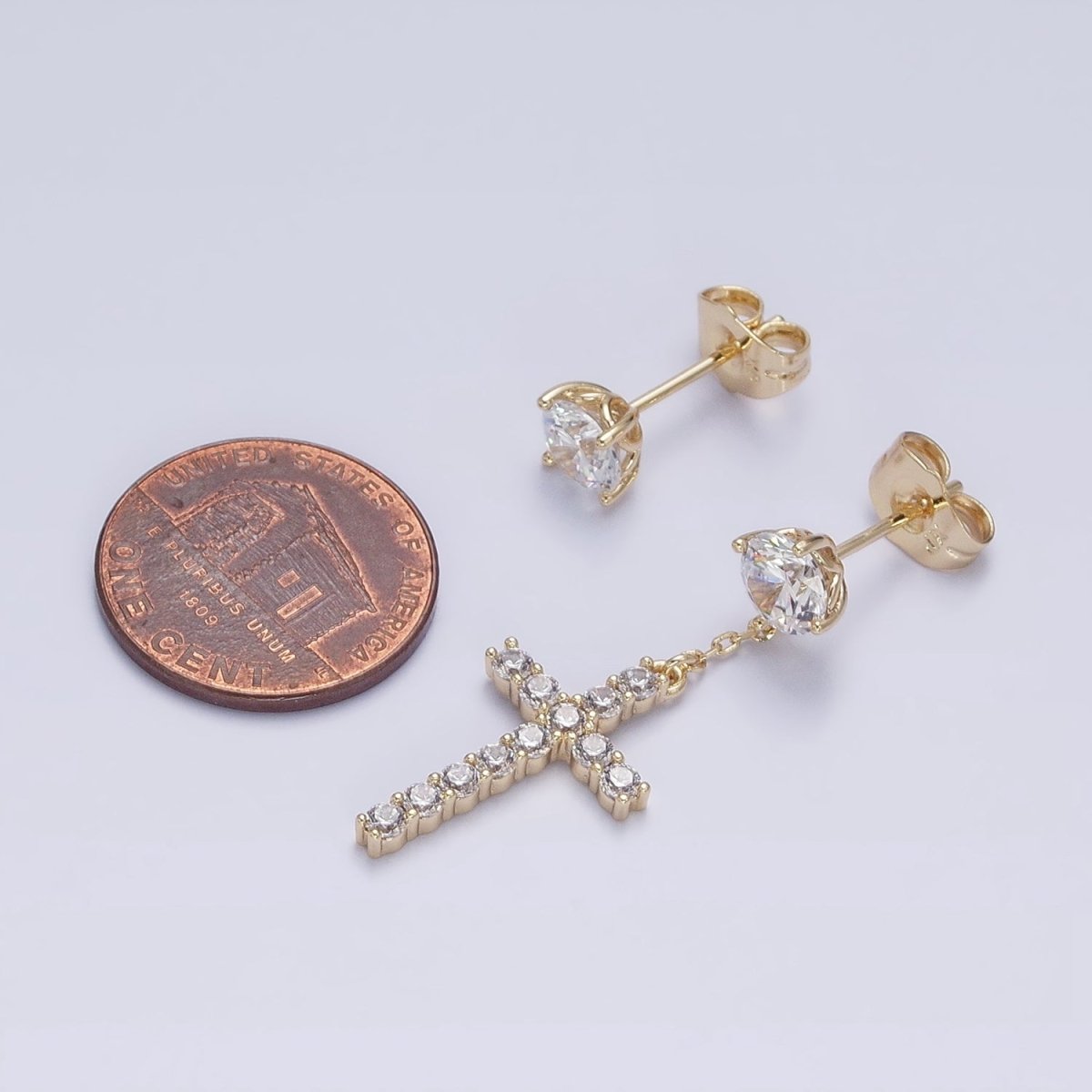 14K Gold Filled Micro Paved Cross Clear CZ Drop Stud Earrings Set in Gold & Silver | AD1380 AD1381 - DLUXCA