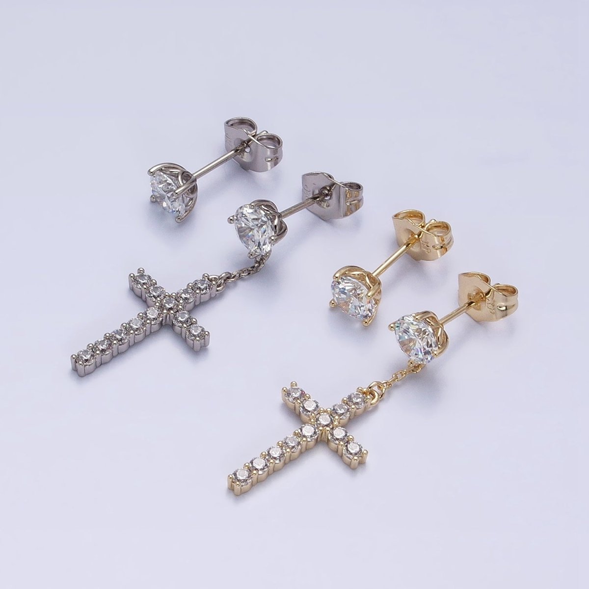 14K Gold Filled Micro Paved Cross Clear CZ Drop Stud Earrings Set in Gold & Silver | AD1380 AD1381 - DLUXCA