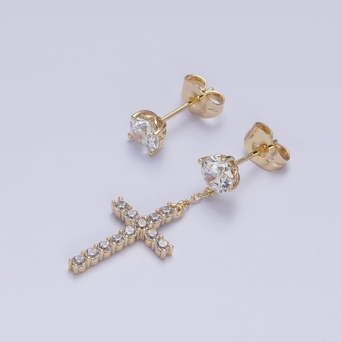 14K Gold Filled Micro Paved Cross Clear CZ Drop Stud Earrings Set in Gold & Silver | AD1380 AD1381 - DLUXCA