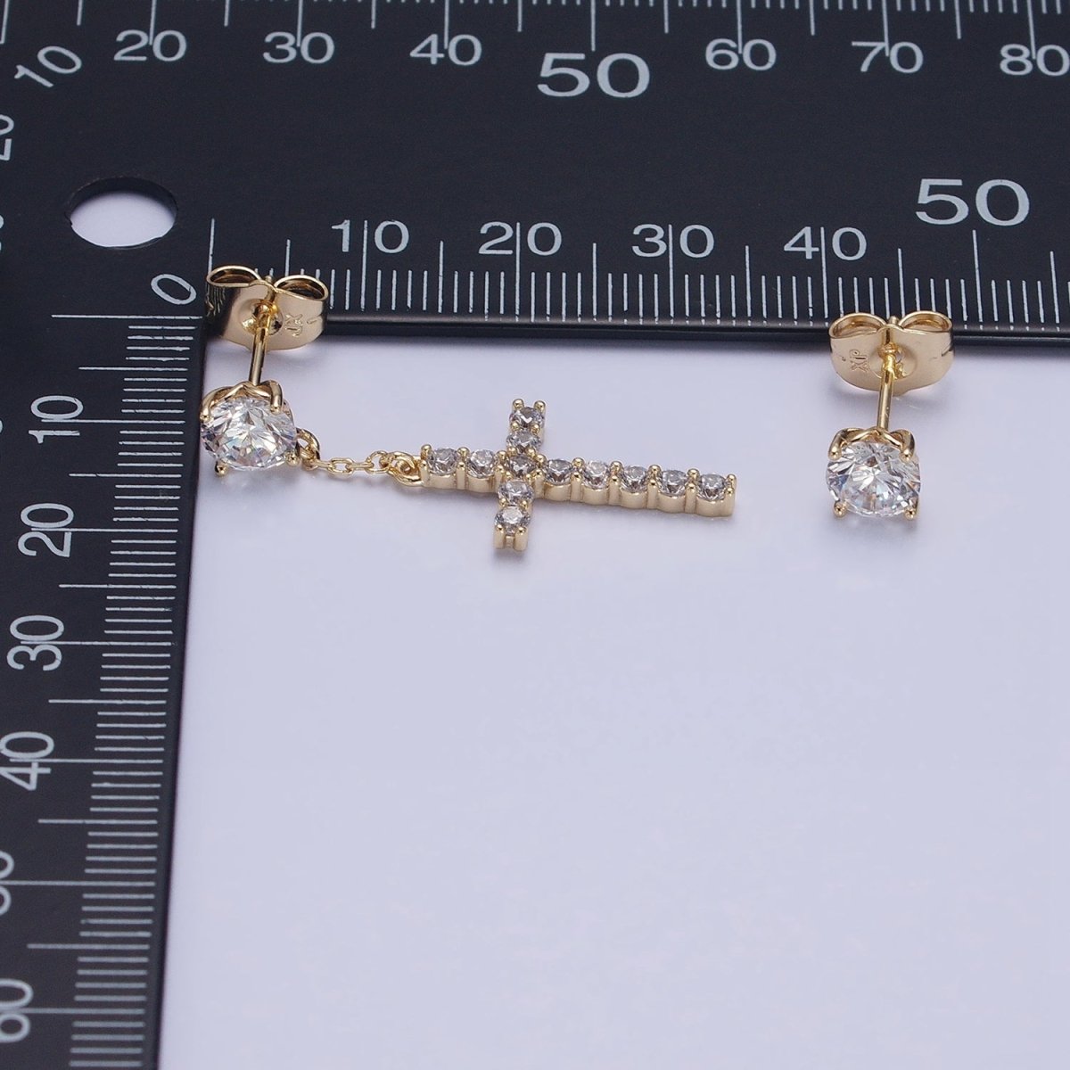 14K Gold Filled Micro Paved Cross Clear CZ Drop Stud Earrings Set in Gold & Silver | AD1380 AD1381 - DLUXCA