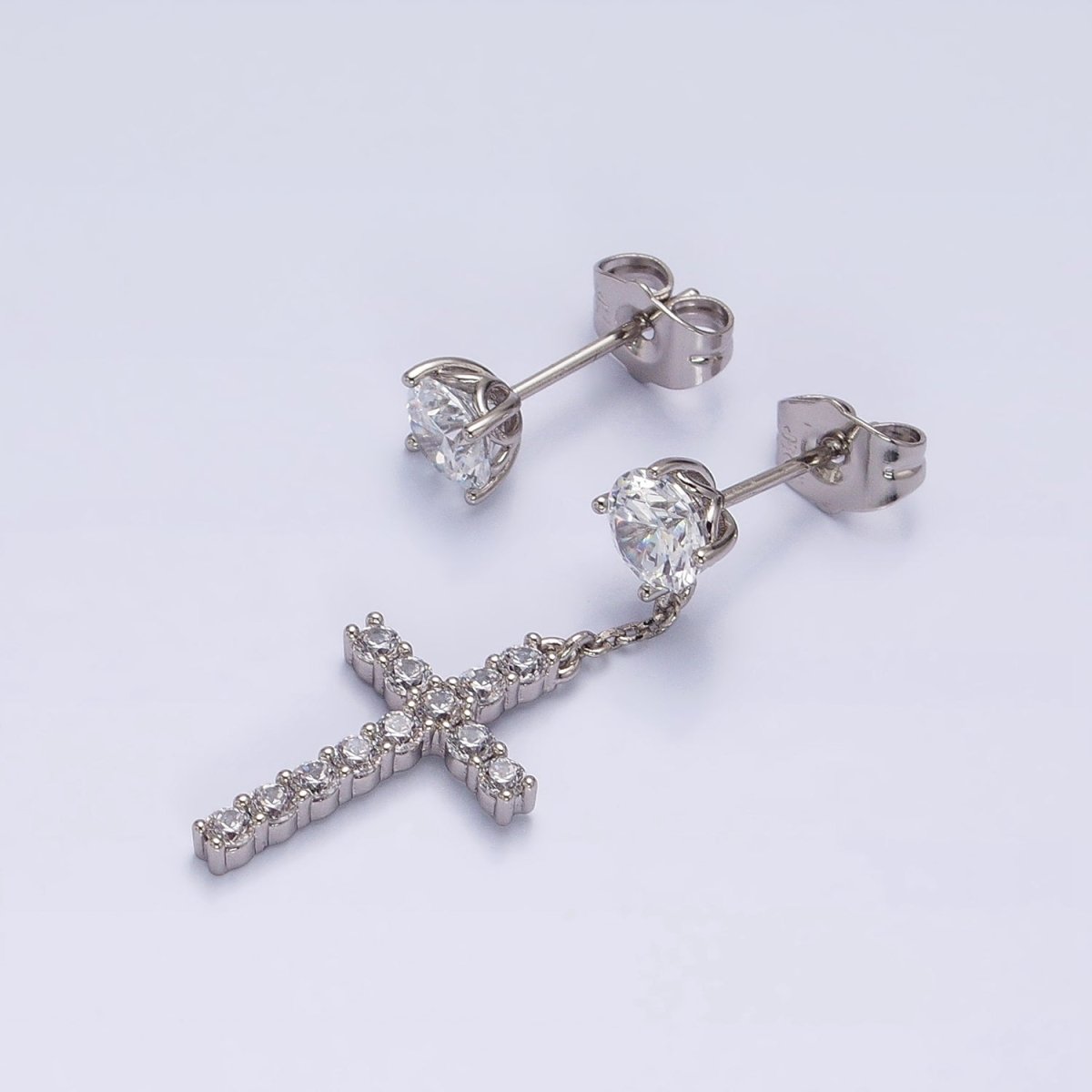 14K Gold Filled Micro Paved Cross Clear CZ Drop Stud Earrings Set in Gold & Silver | AD1380 AD1381 - DLUXCA