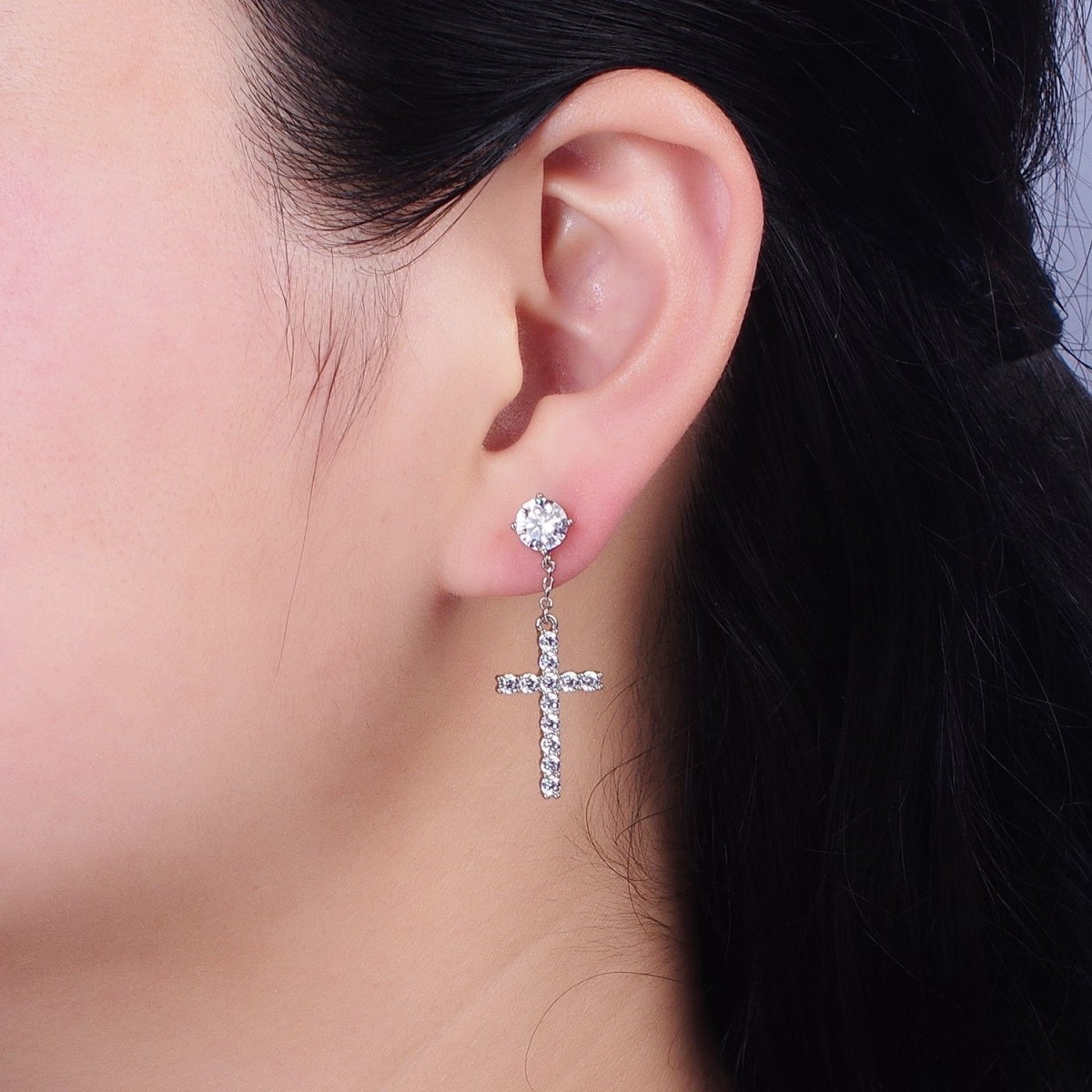 14K Gold Filled Micro Paved Cross Clear CZ Drop Stud Earrings Set in Gold & Silver | AD1380 AD1381 - DLUXCA