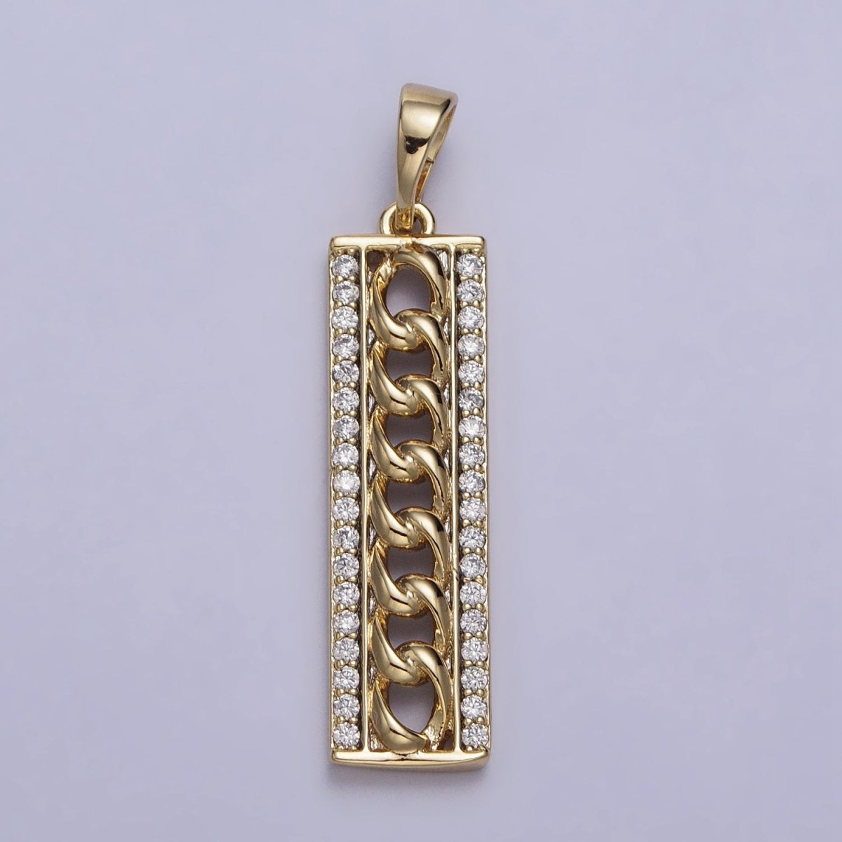 14K Gold Filled Micro Paved Curb 34mm Bar Tag Rectangular Pendant | AA036 - DLUXCA