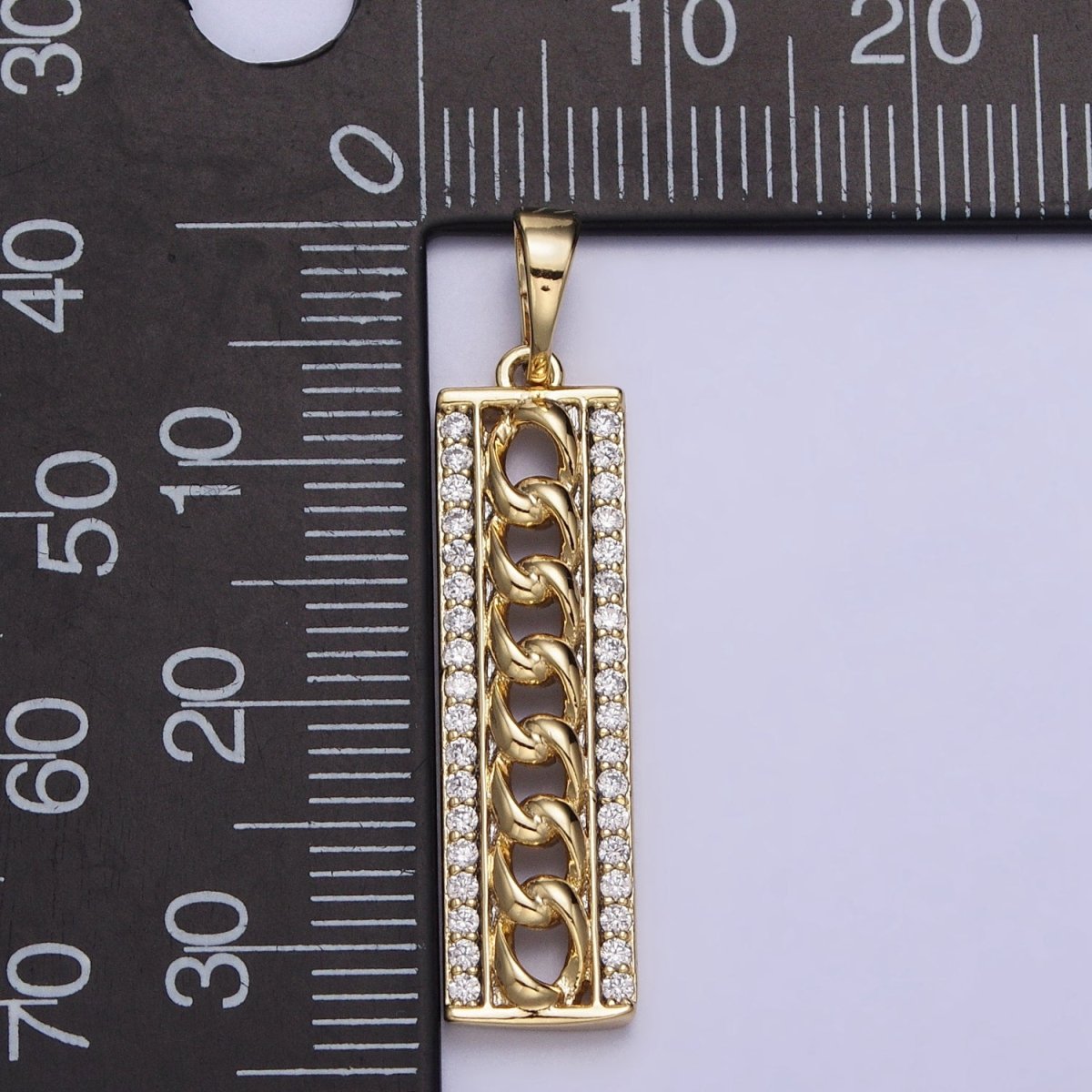 14K Gold Filled Micro Paved Curb 34mm Bar Tag Rectangular Pendant | AA036 - DLUXCA